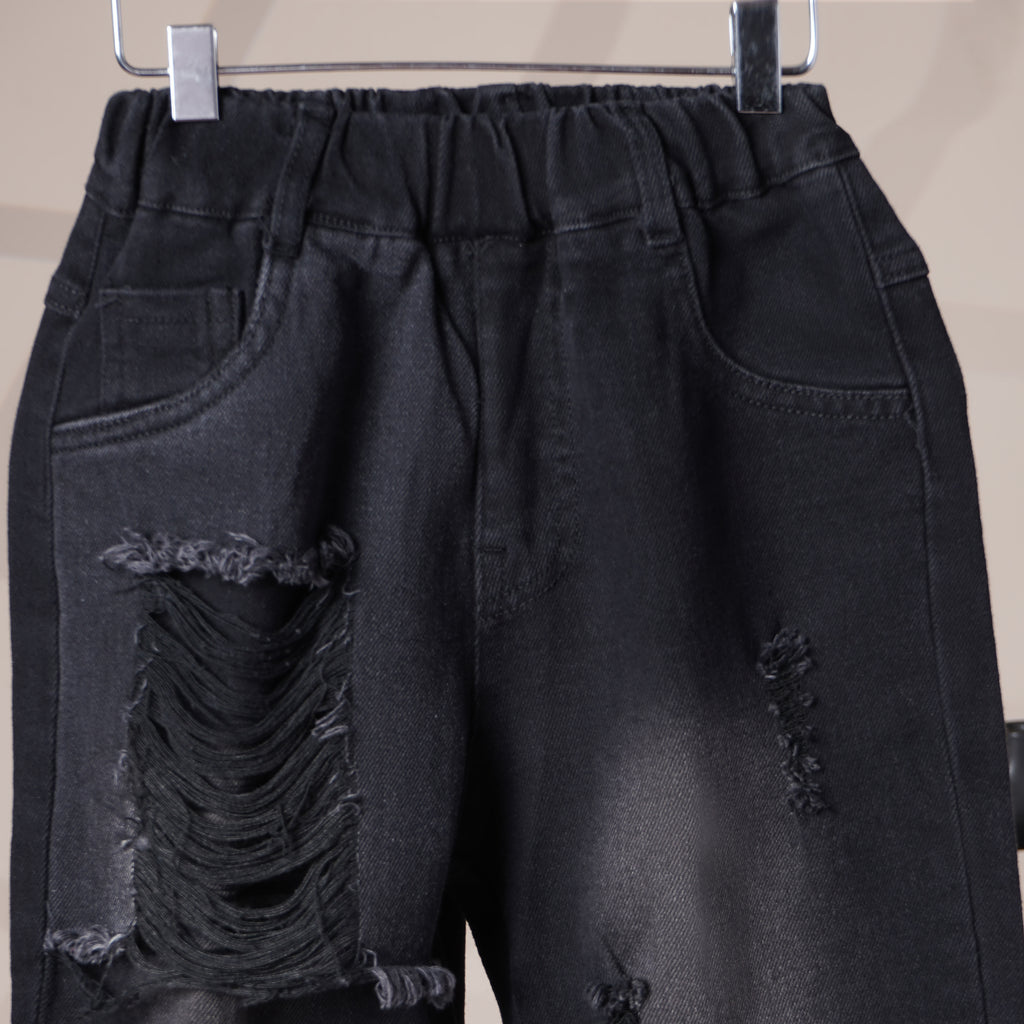 Mom N Genie Kids Black Washed Distressed Denim Jeans — Elastic Waist, Tapered Fit