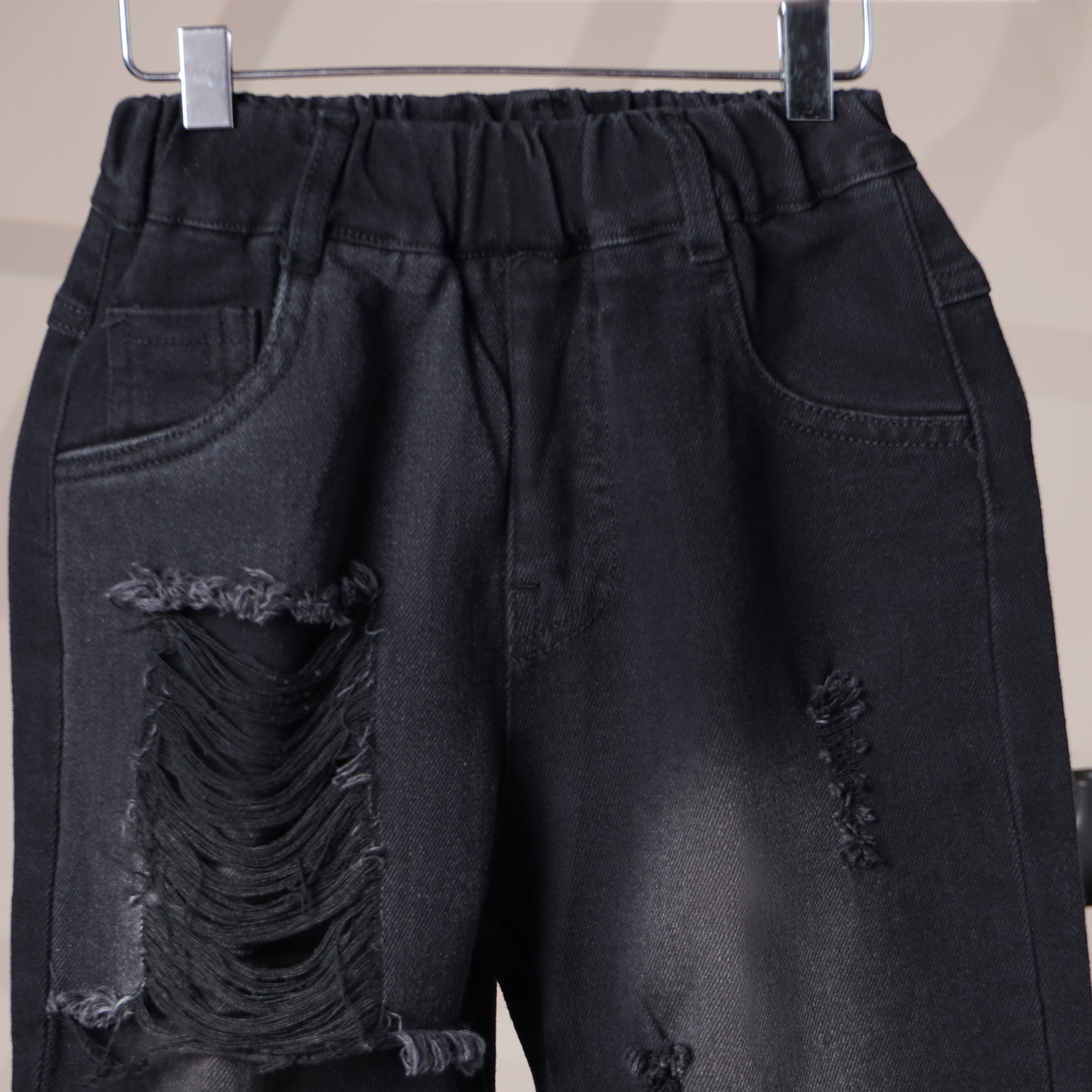 Mom N Genie Kids Black Washed Distressed Denim Jeans — Elastic Waist, Tapered Fit
