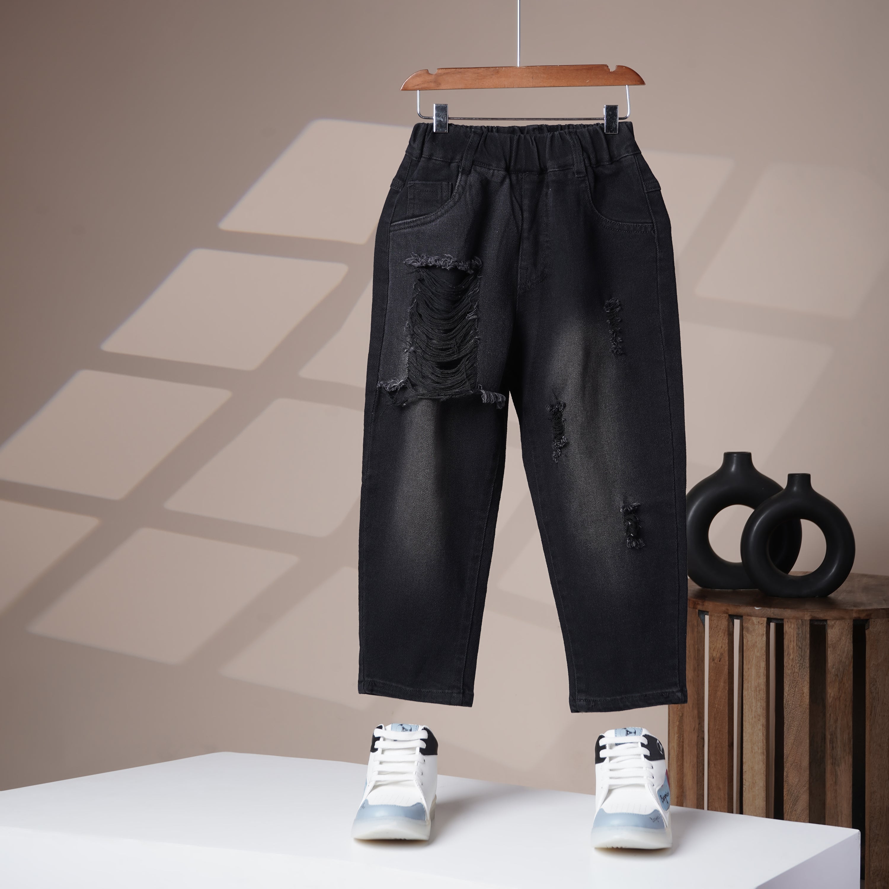 Mom N Genie Kids Black Washed Distressed Denim Jeans — Elastic Waist, Tapered Fit