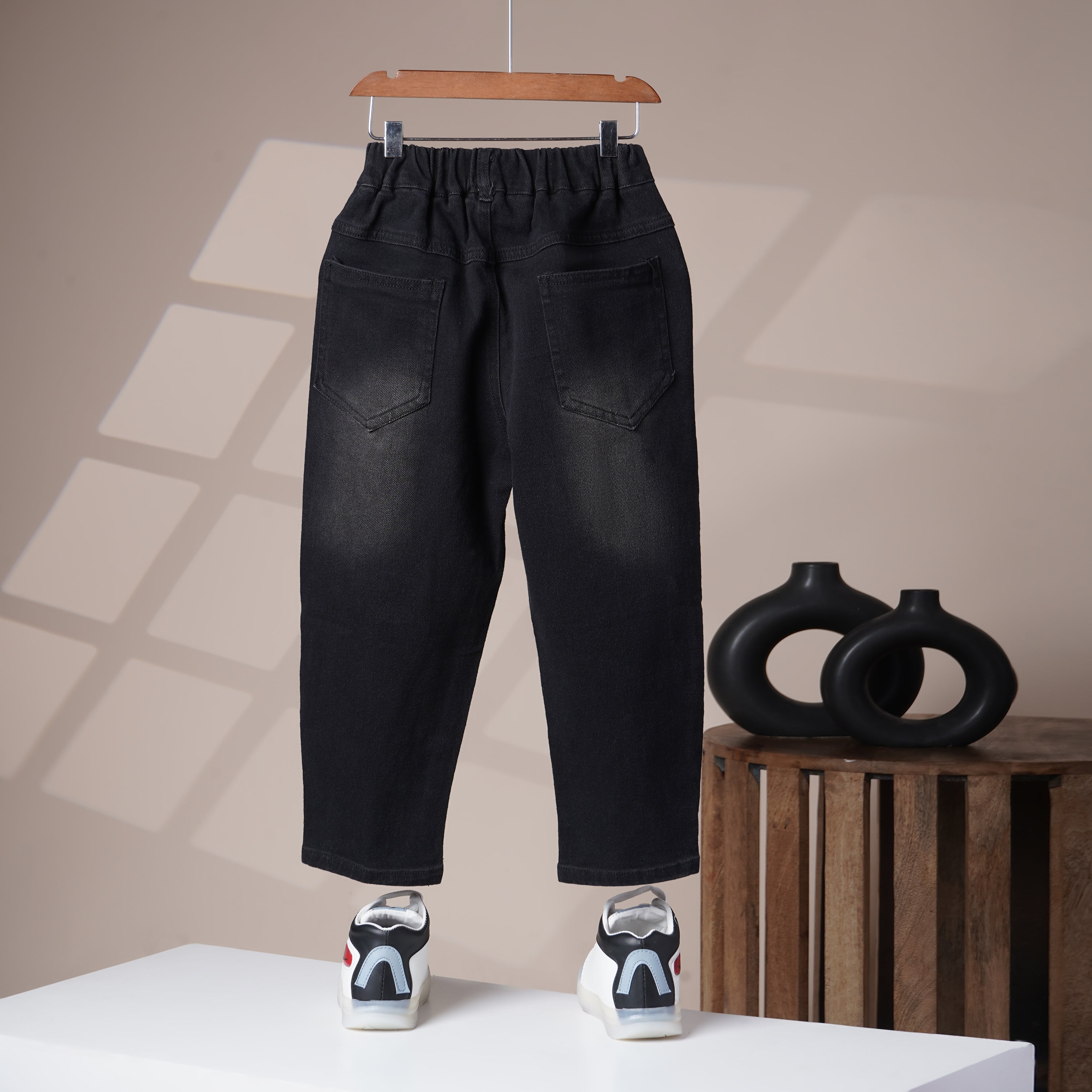 Mom N Genie Kids Black Washed Distressed Denim Jeans — Elastic Waist, Tapered Fit