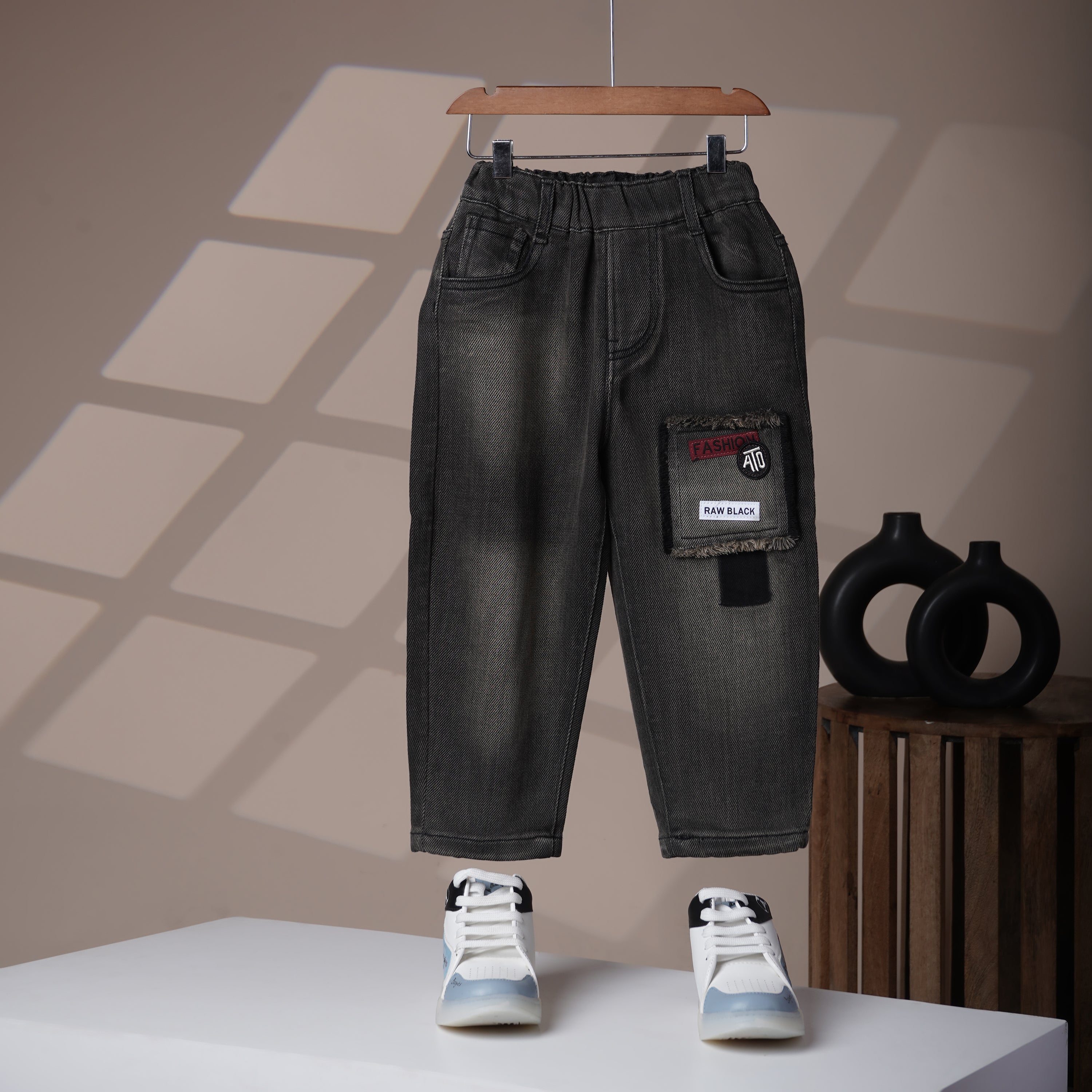 Mom N Genie Kids Charcoal Washed Denim Pants with Raw Patch Detail — Elastic Waist