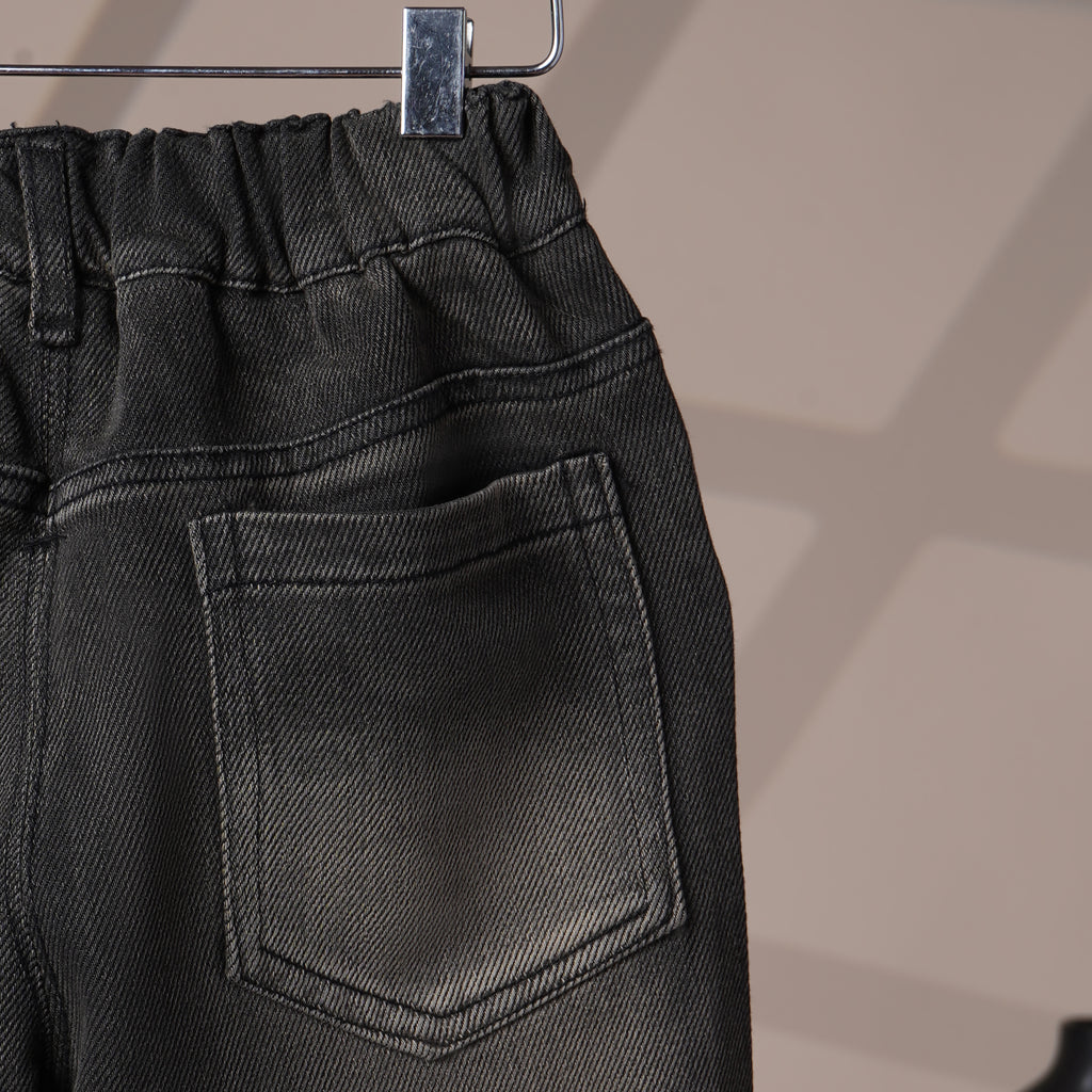 Mom N Genie Kids Charcoal Washed Denim Pants with Raw Patch Detail — Elastic Waist