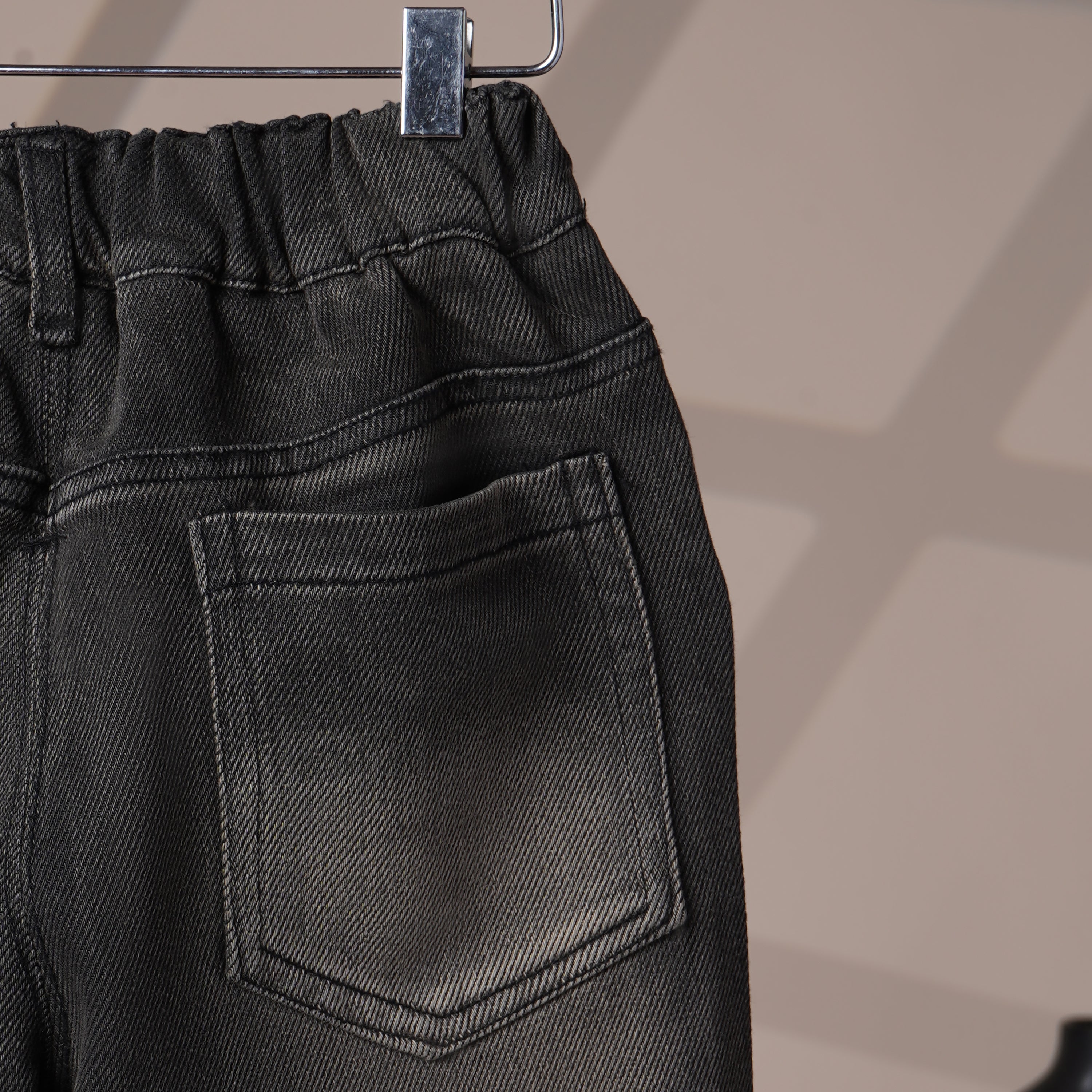 Mom N Genie Kids Charcoal Washed Denim Pants with Raw Patch Detail — Elastic Waist