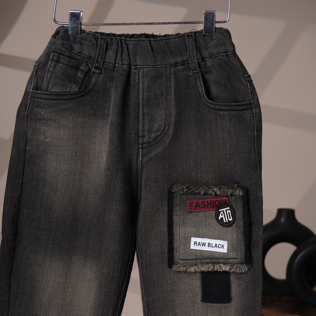 Mom N Genie Kids Charcoal Washed Denim Pants with Raw Patch Detail — Elastic Waist