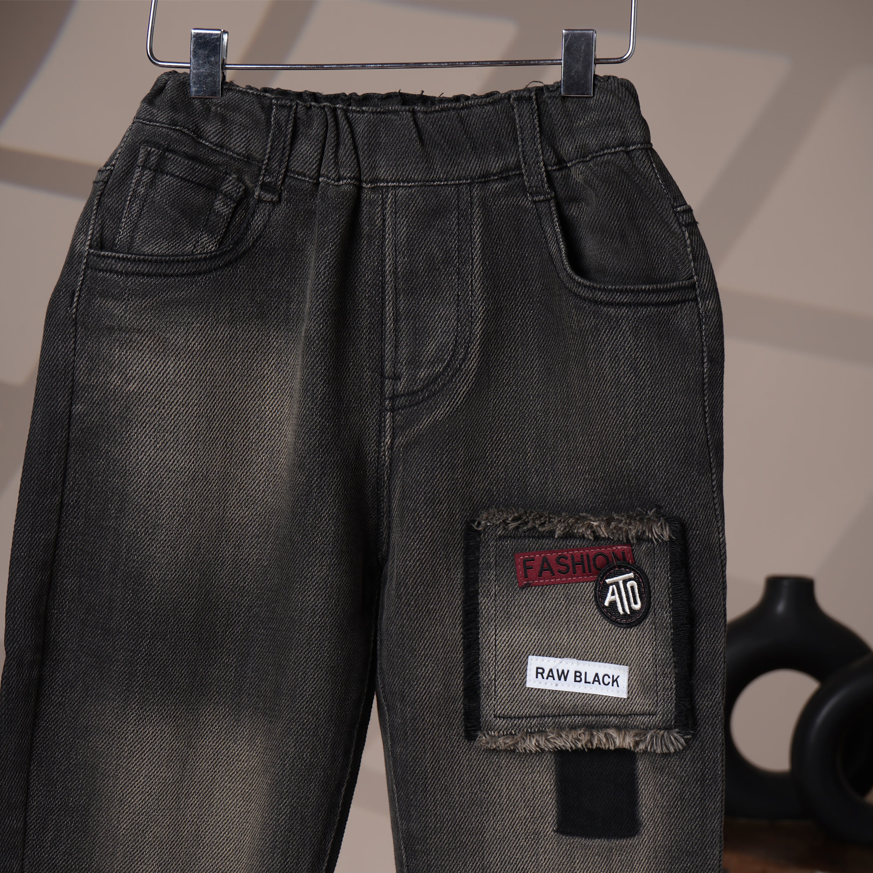 Mom N Genie Kids Charcoal Washed Denim Pants with Raw Patch Detail — Elastic Waist