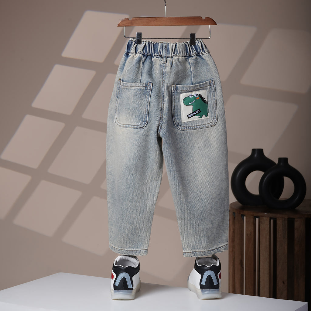 Mom N Genie Kids Light-Wash Elastic Waist Jeans with Dino Back Patch