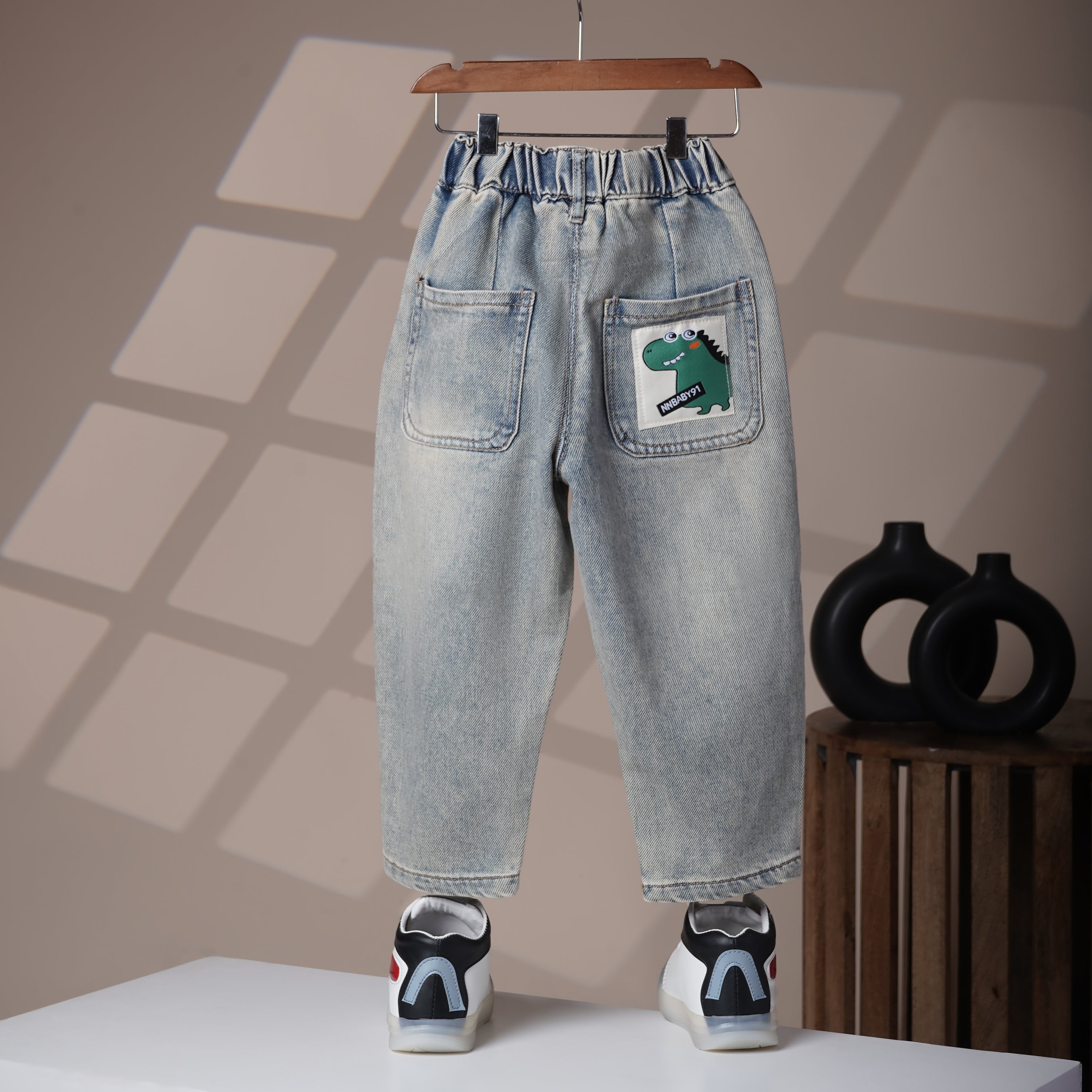 Mom N Genie Kids Light-Wash Elastic Waist Jeans with Dino Back Patch