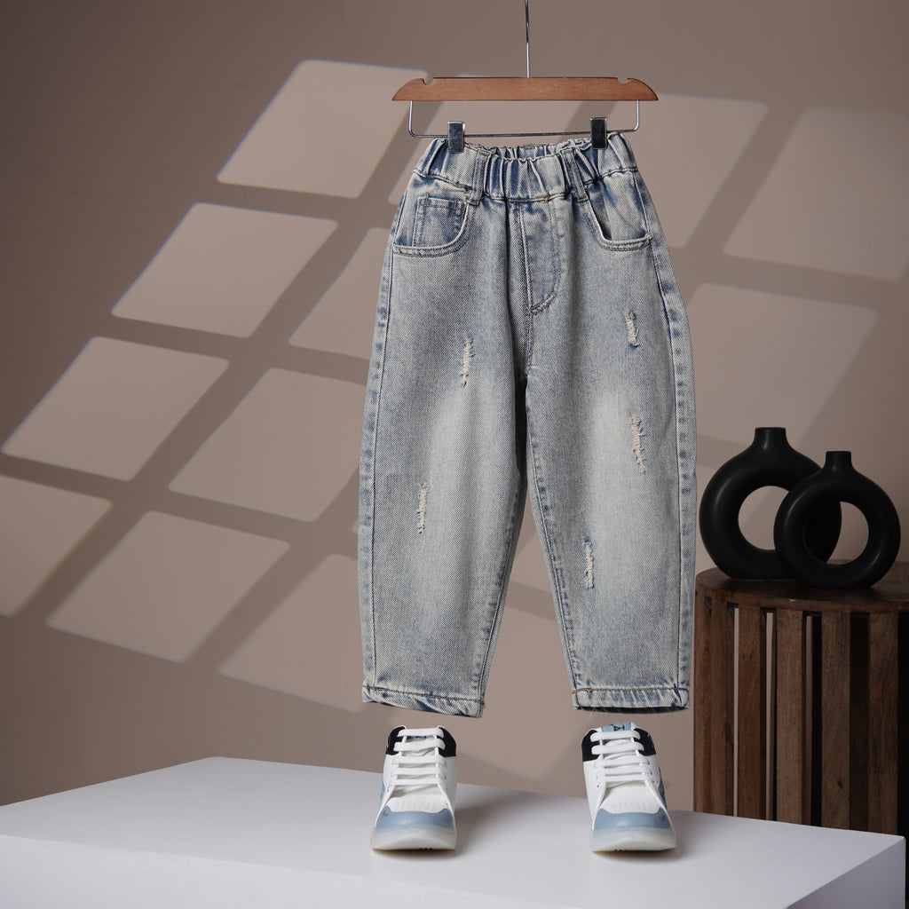 Mom N Genie Kids Light-Wash Elastic Waist Jeans with Dino Back Patch