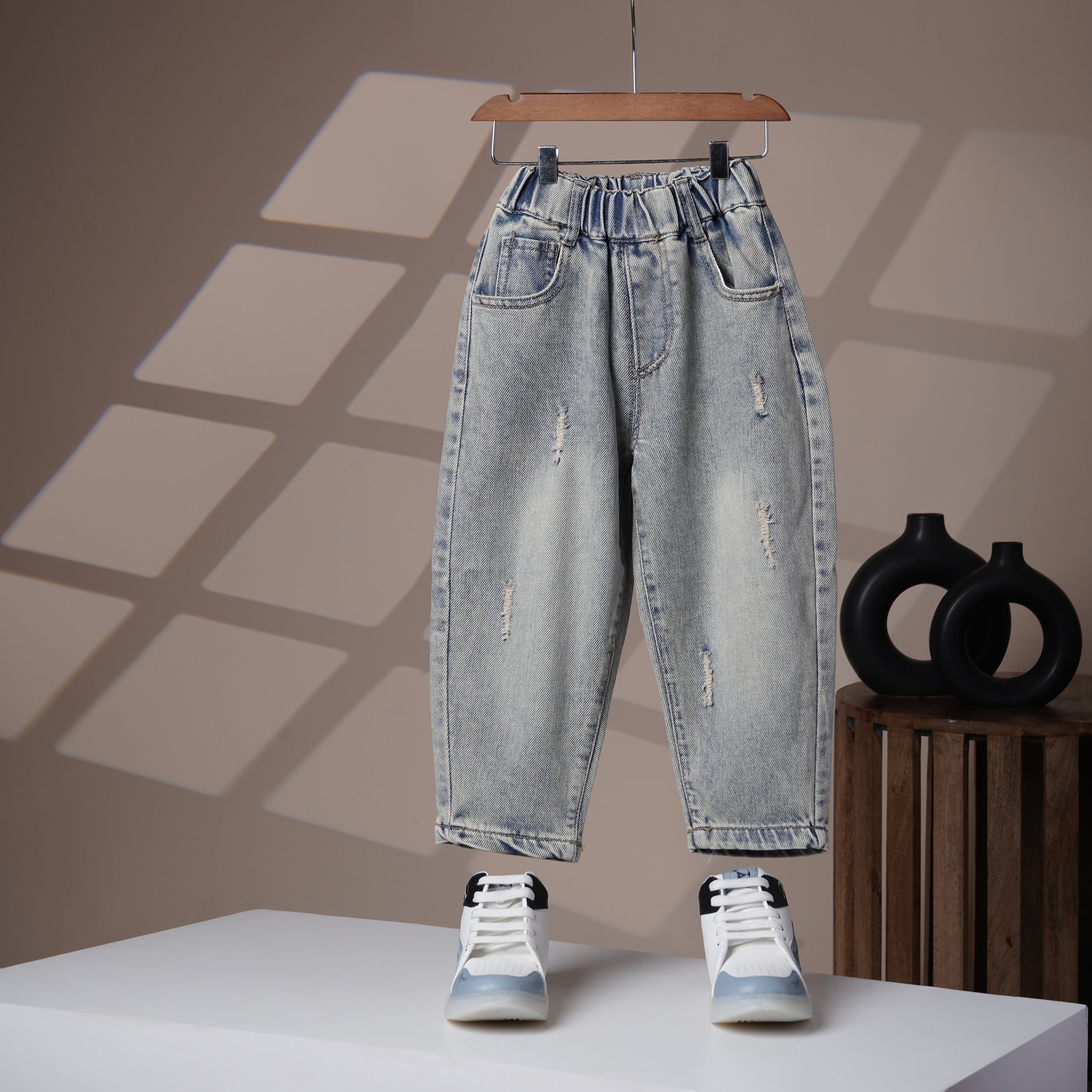 Mom N Genie Kids Light-Wash Elastic Waist Jeans with Dino Back Patch