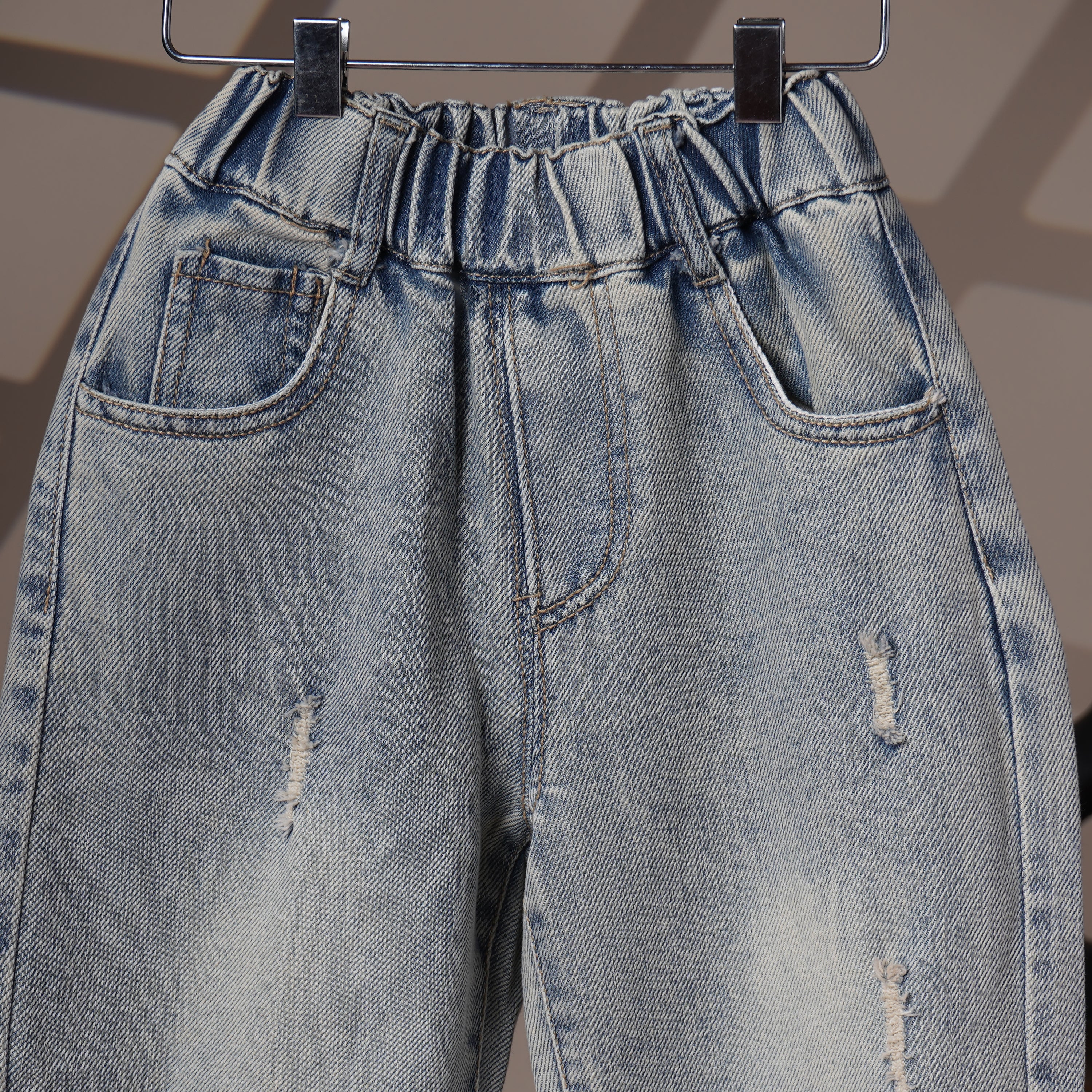 Mom N Genie Kids Light-Wash Elastic Waist Jeans with Dino Back Patch