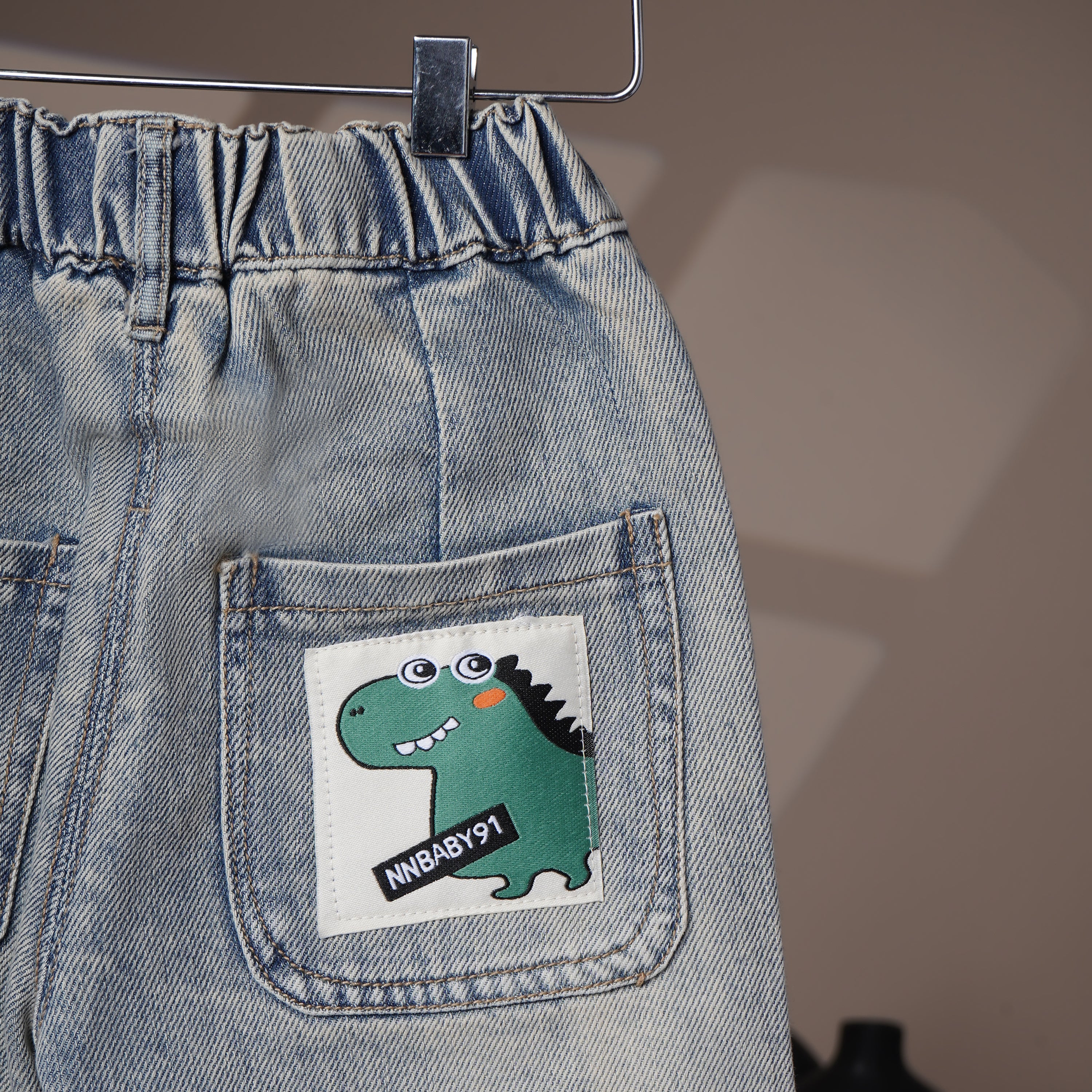 Mom N Genie Kids Light-Wash Elastic Waist Jeans with Dino Back Patch