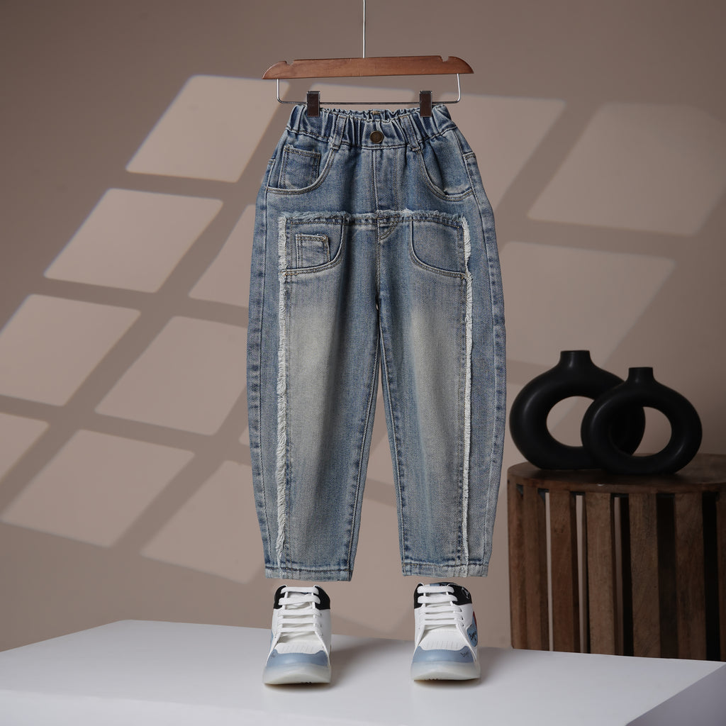 Mom N Genie Kids Light-Wash Frayed-Trim Denim Pants — Elastic Waist, Smiley Back Patch
