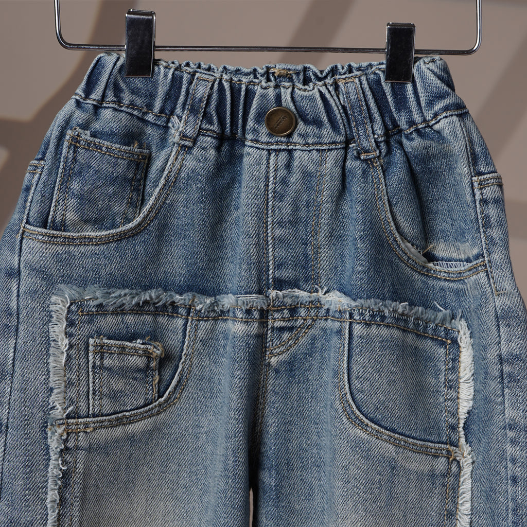 Mom N Genie Kids Light-Wash Frayed-Trim Denim Pants — Elastic Waist, Smiley Back Patch