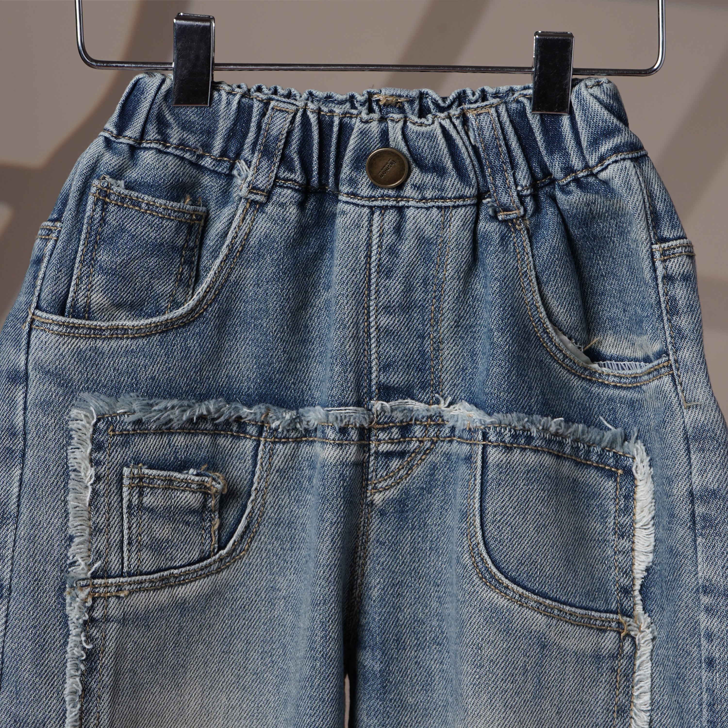 Mom N Genie Kids Light-Wash Frayed-Trim Denim Pants — Elastic Waist, Smiley Back Patch