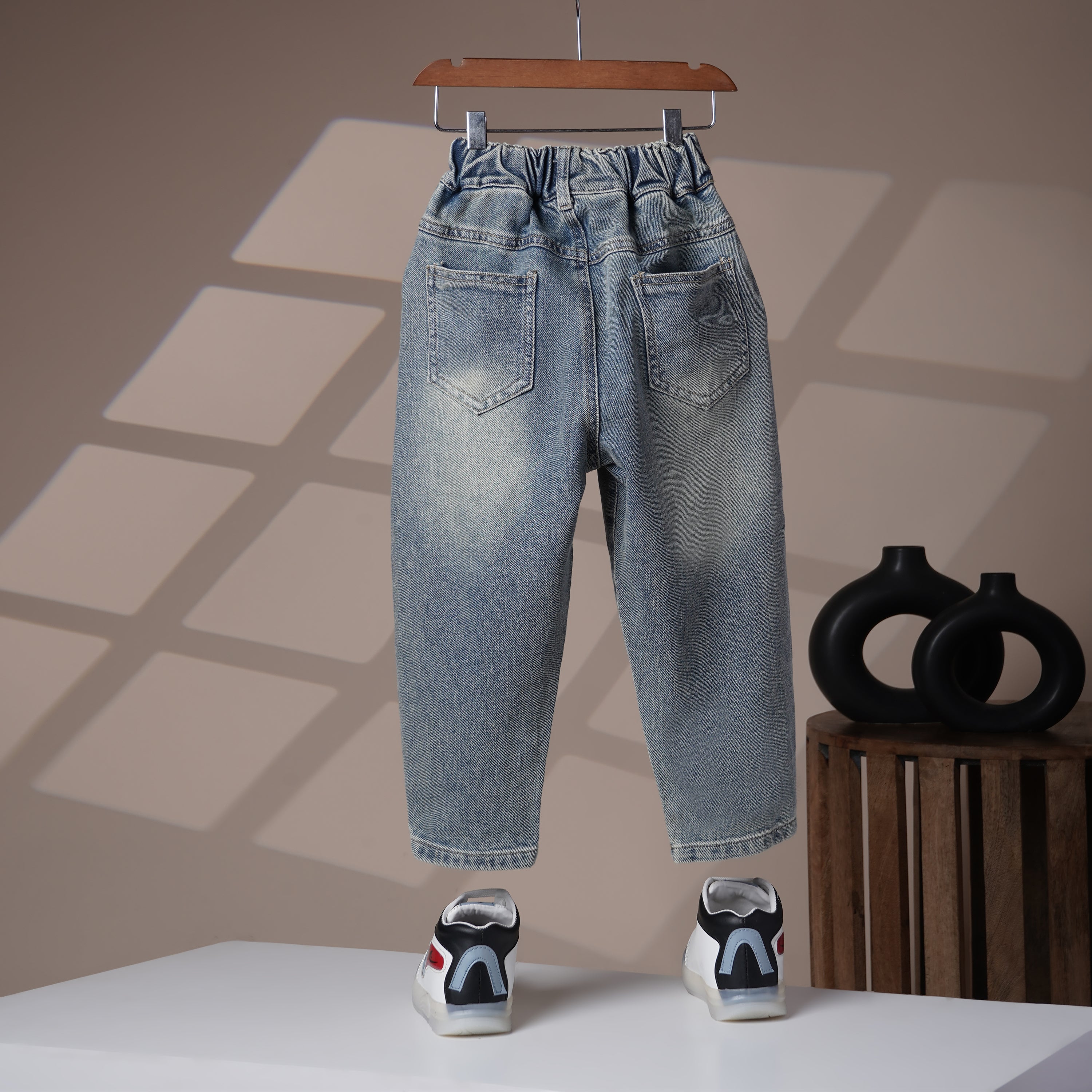 Mom N Genie Kids Light-Wash Denim Pants with Frayed Patch Appliqués — Elastic Waist