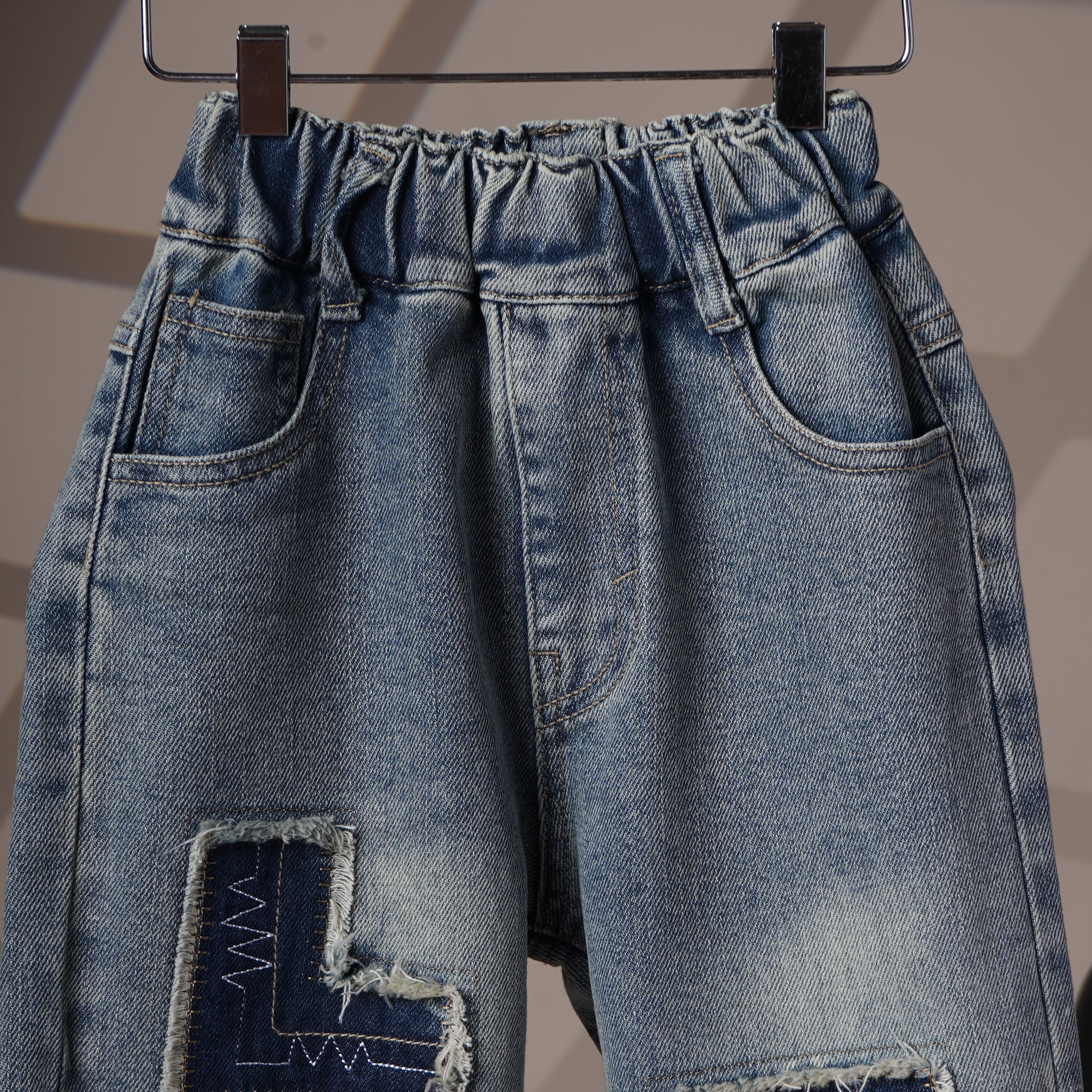 Mom N Genie Kids Light-Wash Denim Pants with Frayed Patch Appliqués — Elastic Waist