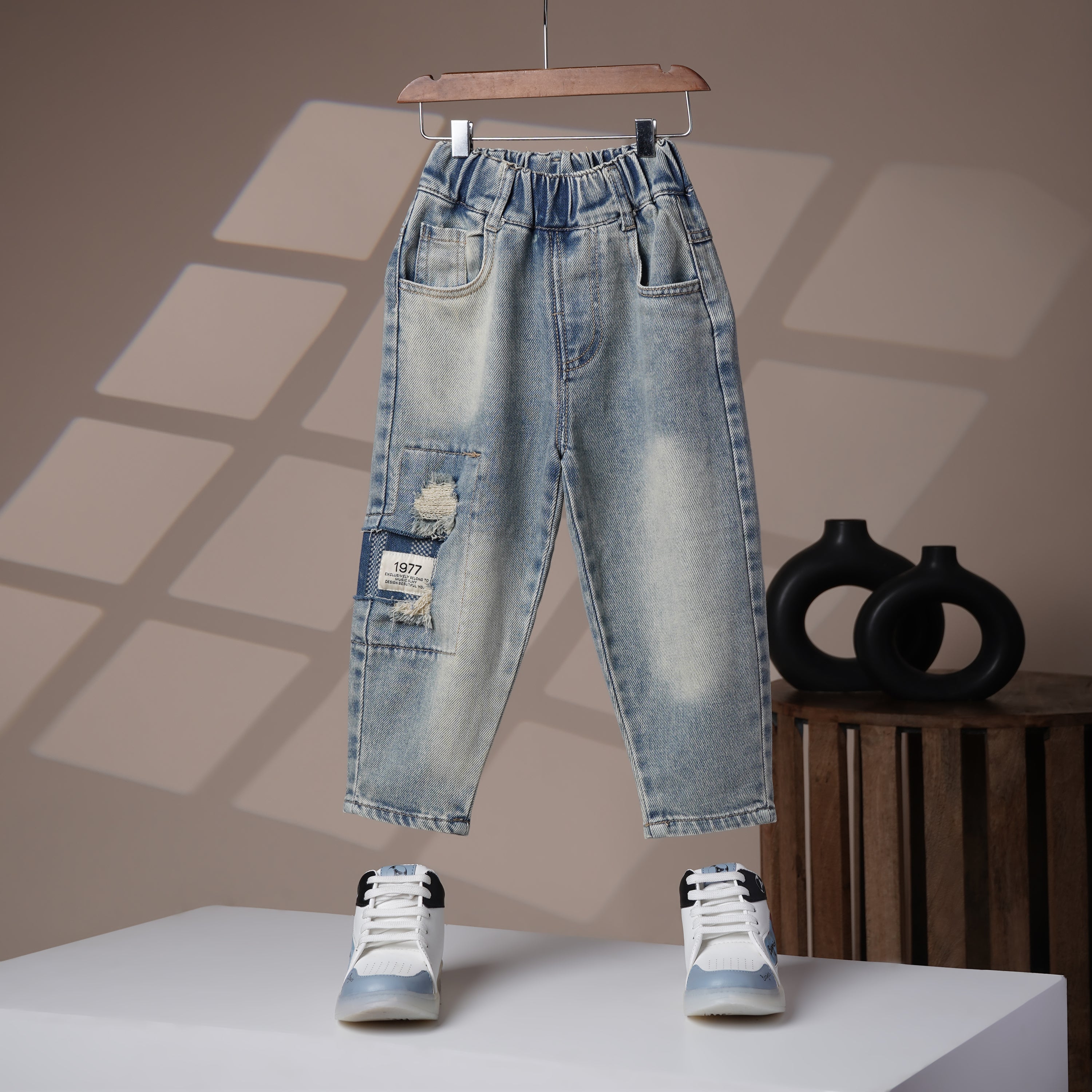 Mom N Genie Kids Light-Wash Cargo Denim Pants — Elastic Waist, Distressed Patch Detail
