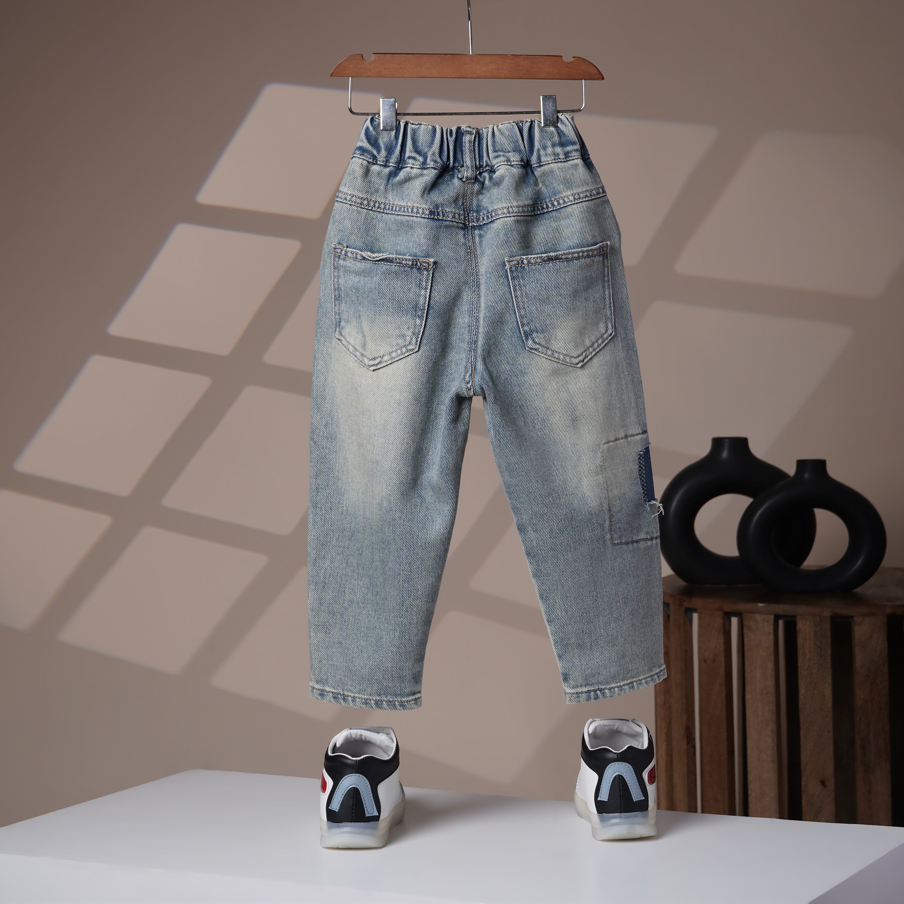 Mom N Genie Kids Light-Wash Cargo Denim Pants — Elastic Waist, Distressed Patch Detail