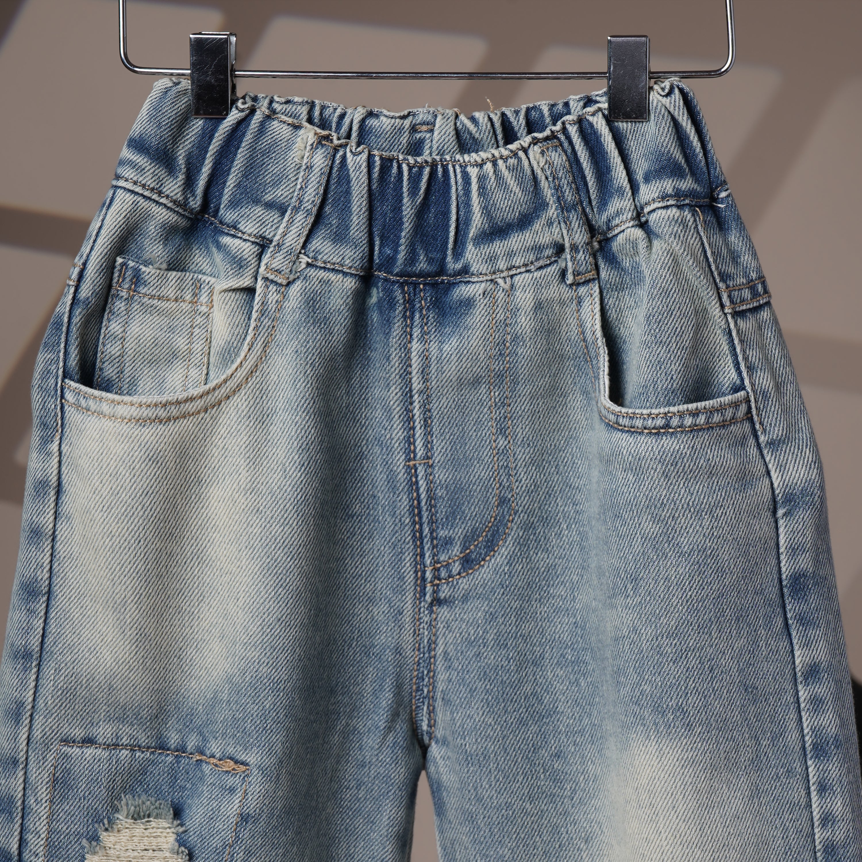 Mom N Genie Kids Light-Wash Cargo Denim Pants — Elastic Waist, Distressed Patch Detail