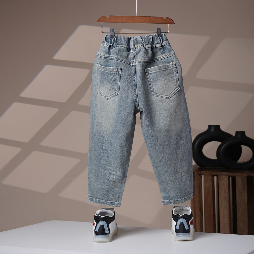 Mom N Genie Kids Light-Wash Denim Pants with Cargo Pocket & Embroidered Patch — Elastic Waist
