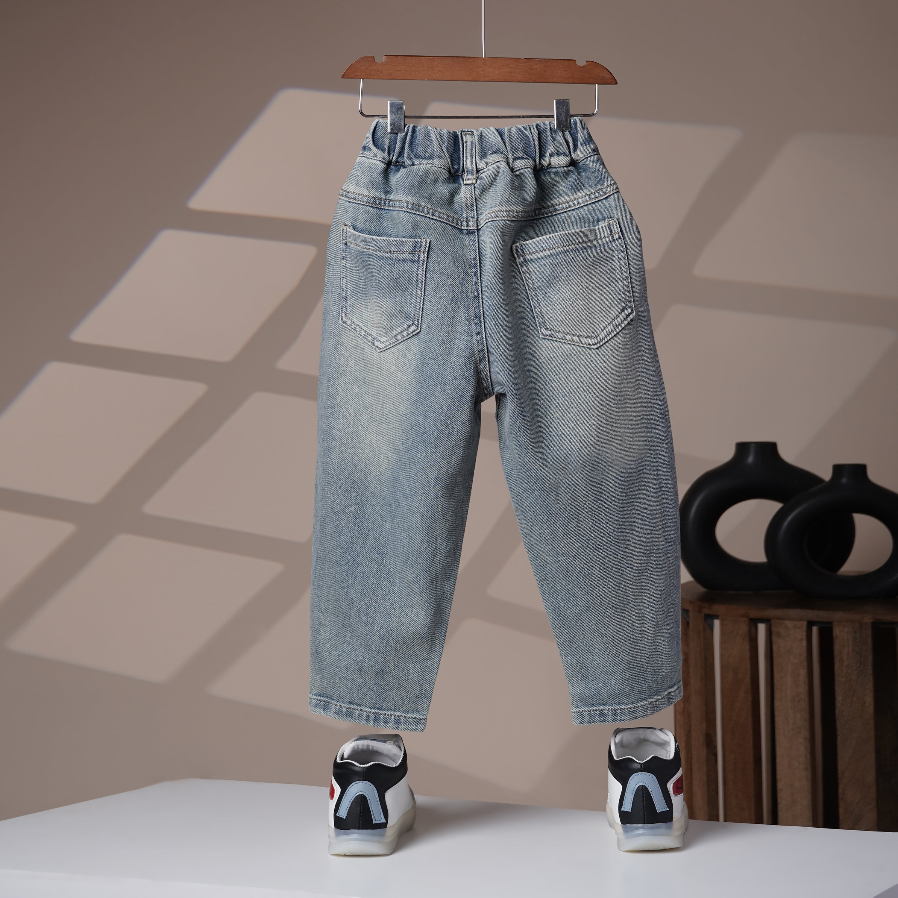 Mom N Genie Kids Light-Wash Denim Pants with Cargo Pocket & Embroidered Patch — Elastic Waist