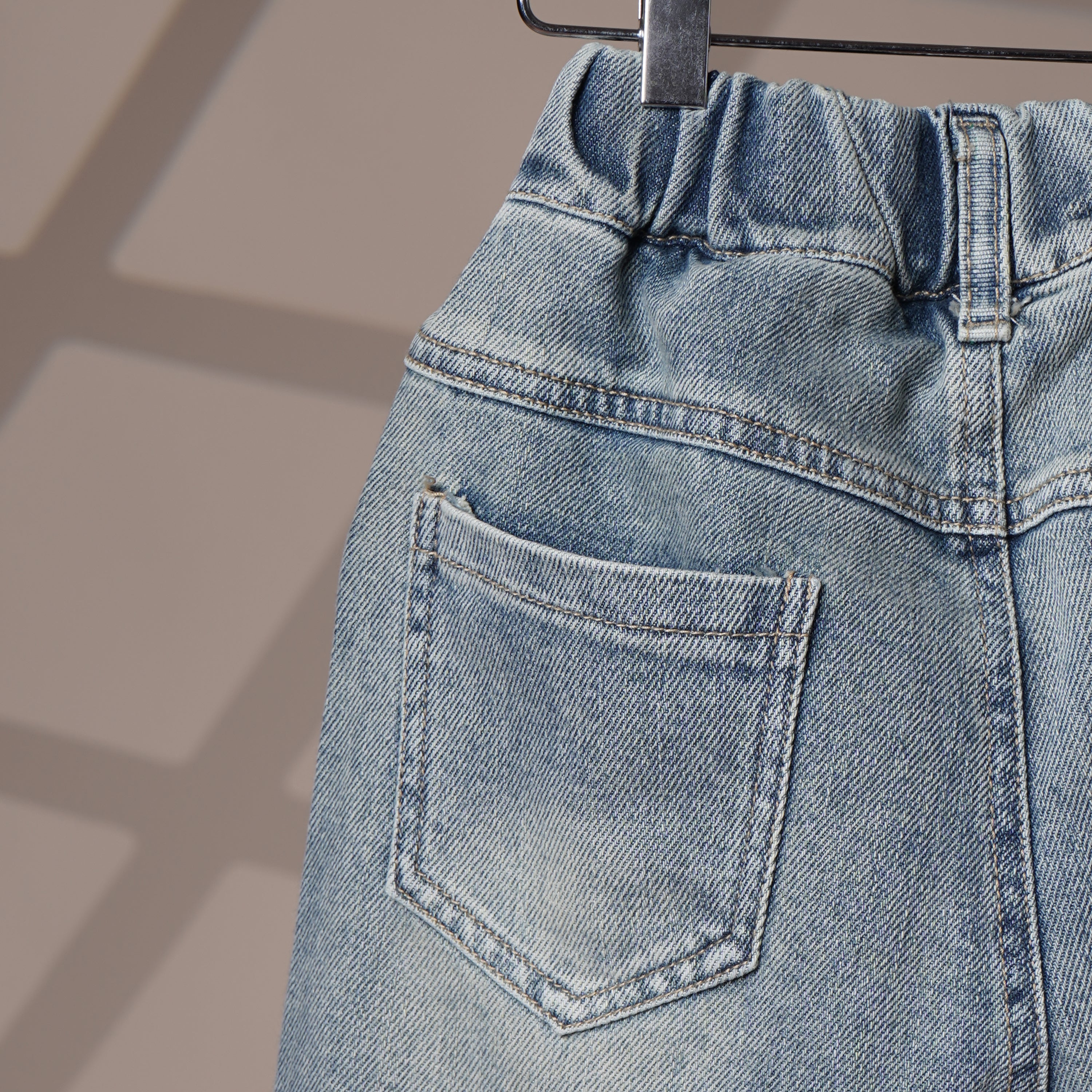 Mom N Genie Kids Light-Wash Denim Pants with Cargo Pocket & Embroidered Patch — Elastic Waist