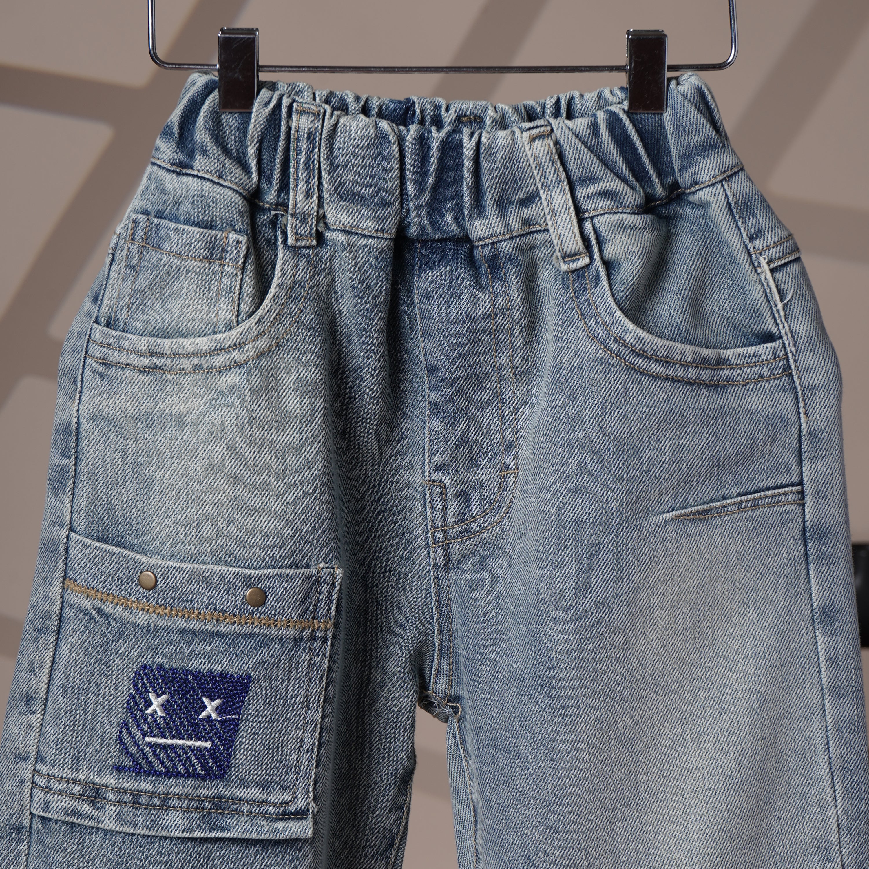 Mom N Genie Kids Light-Wash Denim Pants with Cargo Pocket & Embroidered Patch — Elastic Waist