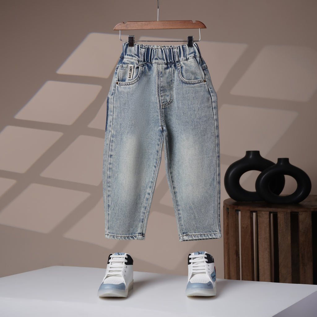 Mom N Genie Kids Light-Wash Denim Pants with Teddy Patch Pocket — Elastic Waist
