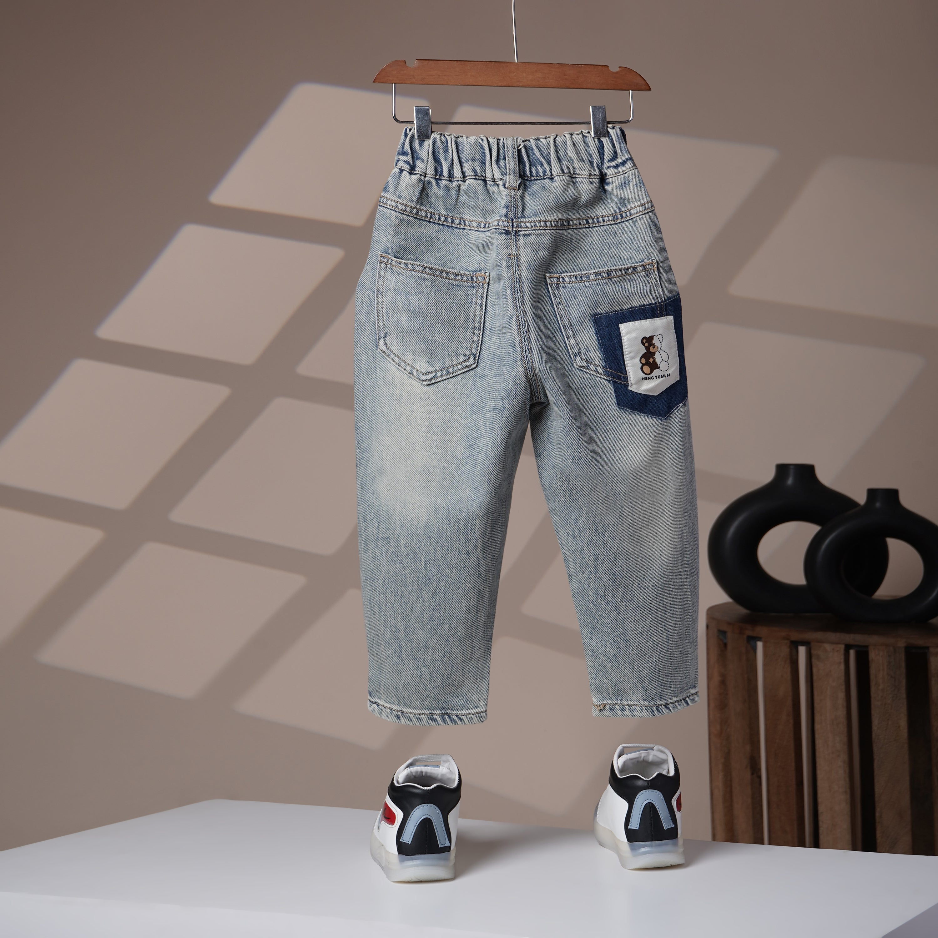 Mom N Genie Kids Light-Wash Denim Pants with Teddy Patch Pocket — Elastic Waist