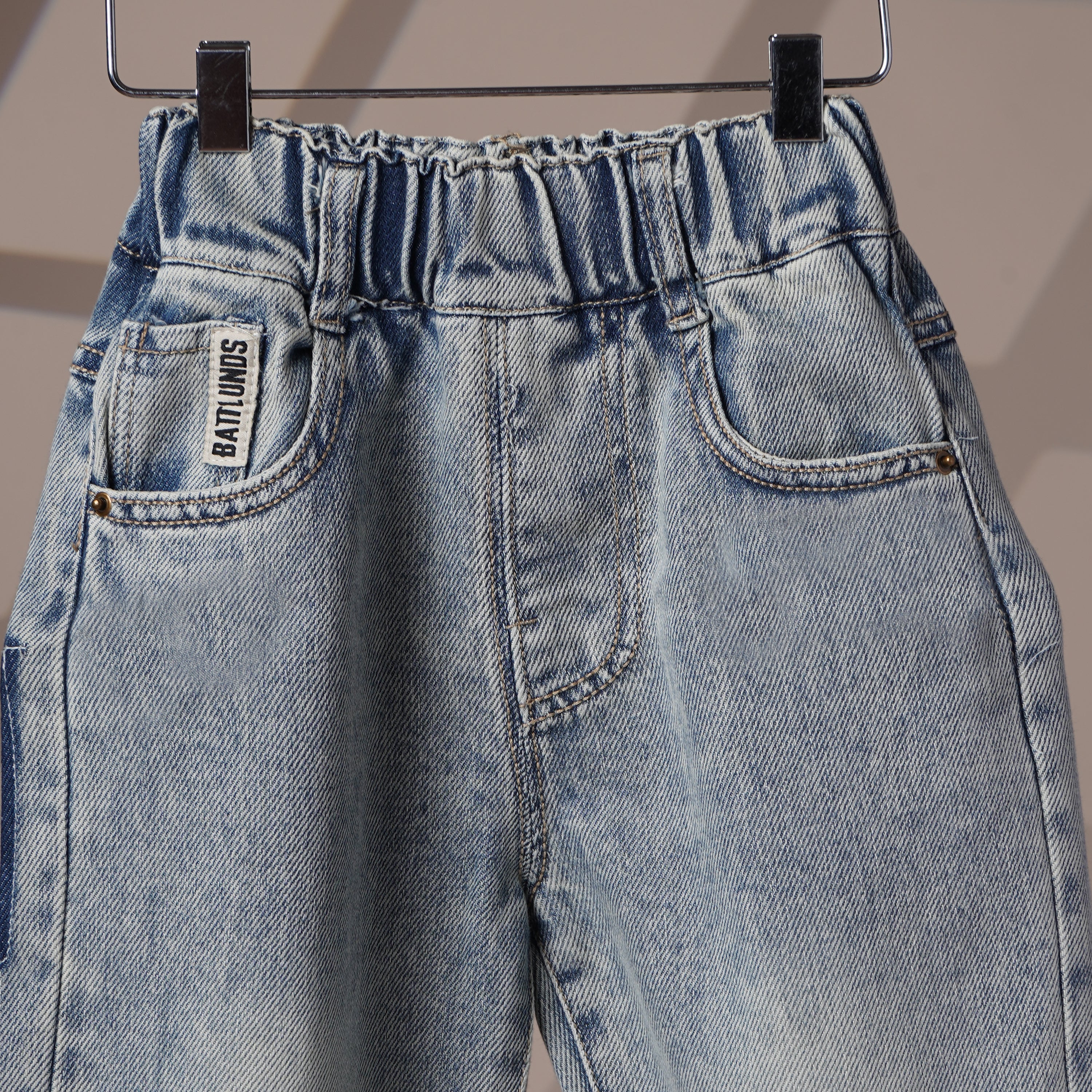 Mom N Genie Kids Light-Wash Denim Pants with Teddy Patch Pocket — Elastic Waist