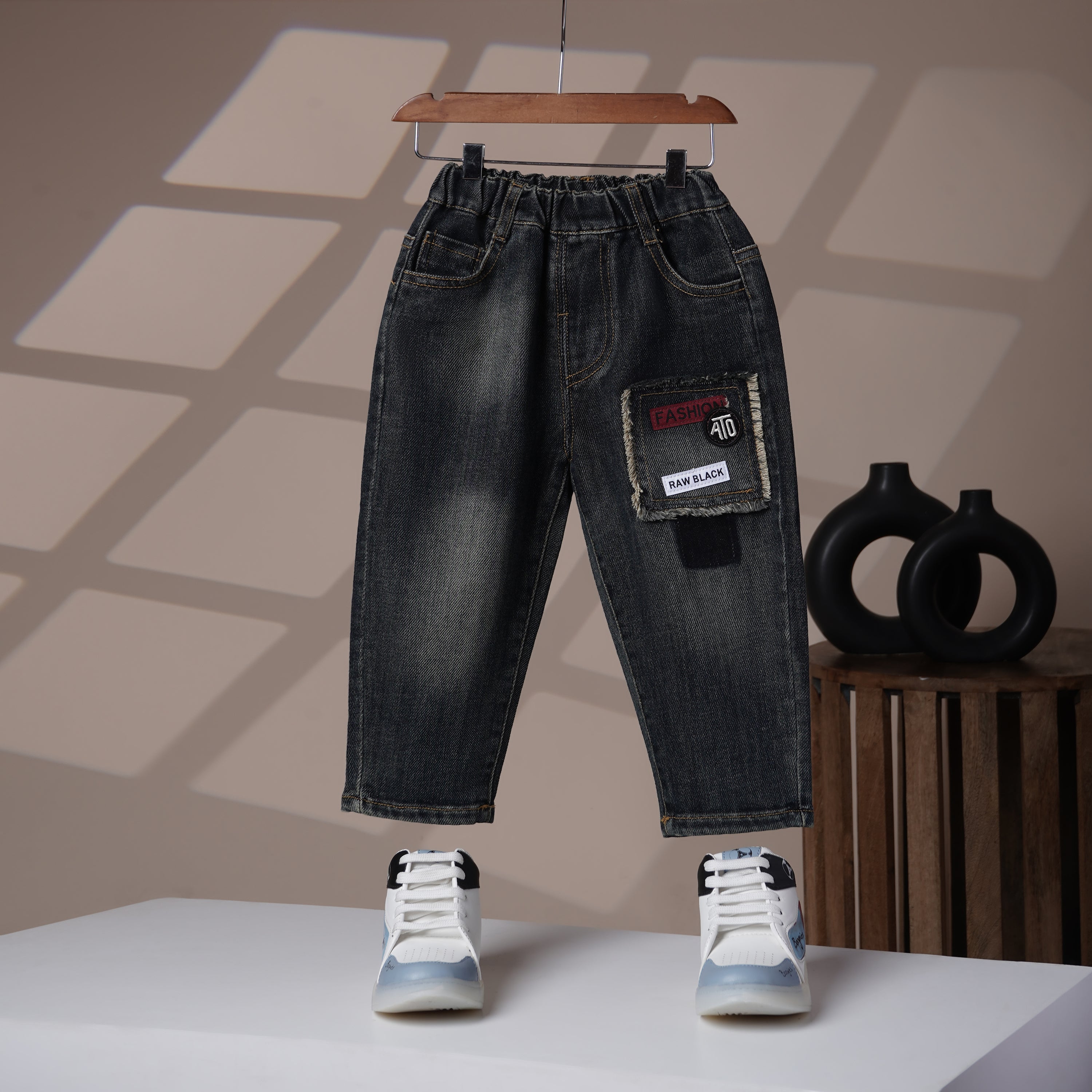 Mom N Genie Kids Washed Black Denim Pants with Frayed Patch & Badge — Elastic Waist