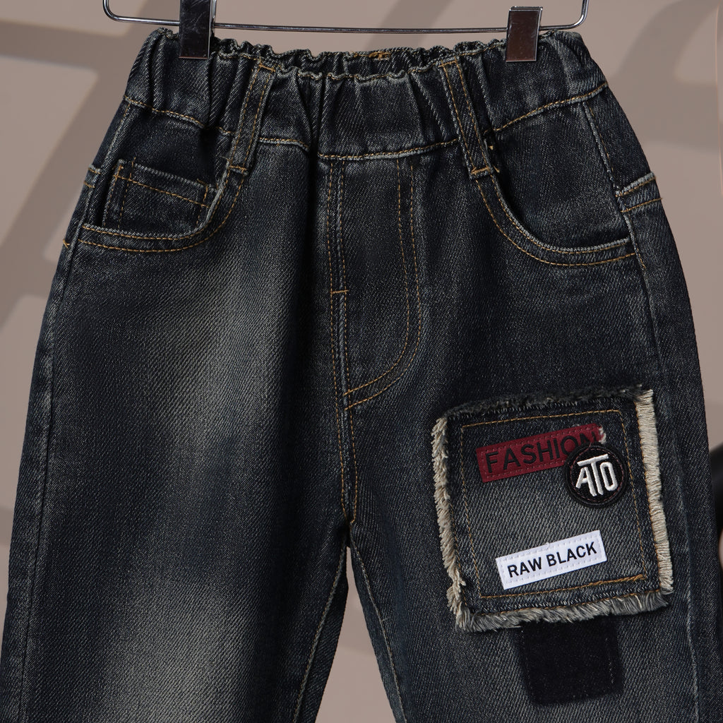 Mom N Genie Kids Washed Black Denim Pants with Frayed Patch & Badge — Elastic Waist