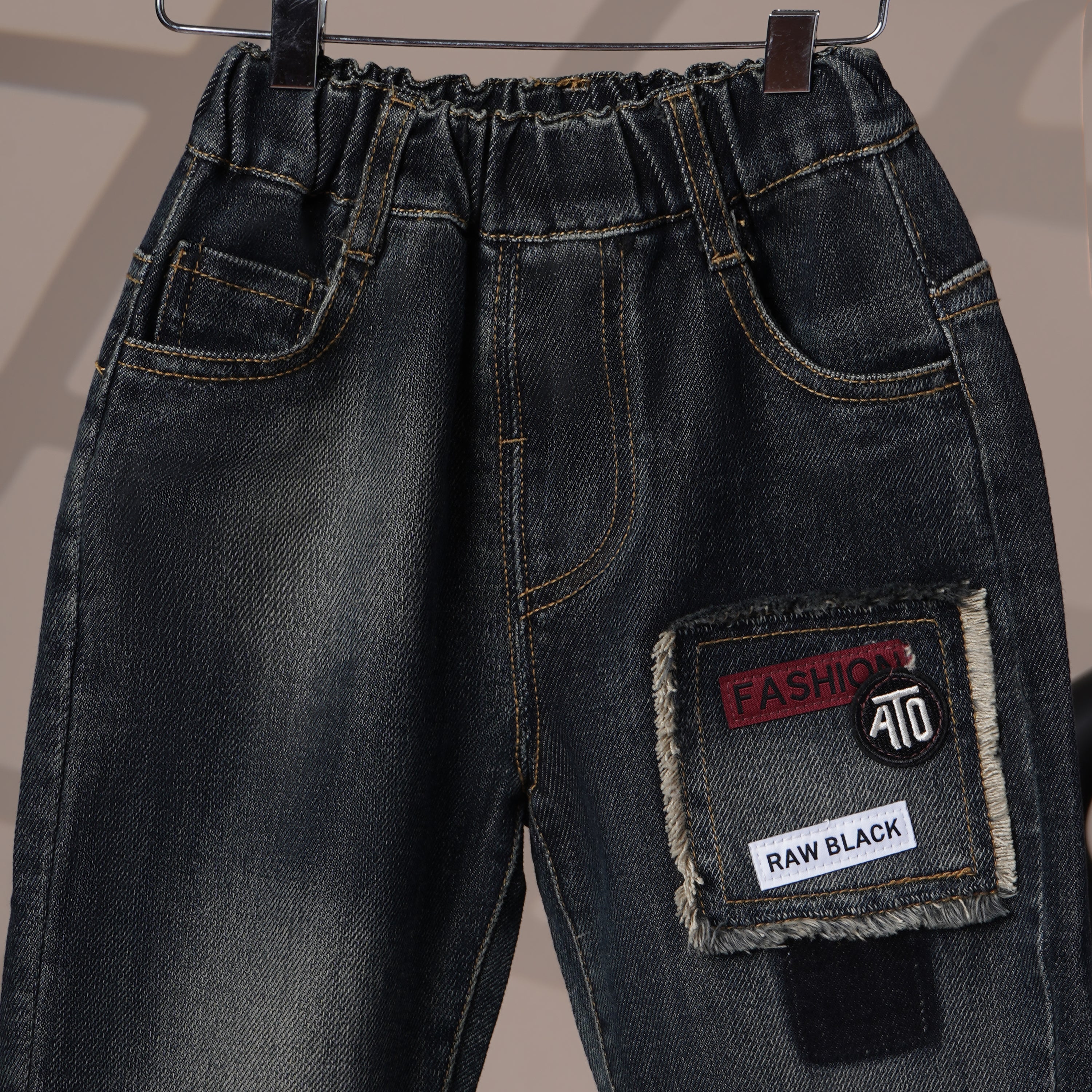 Mom N Genie Kids Washed Black Denim Pants with Frayed Patch & Badge — Elastic Waist