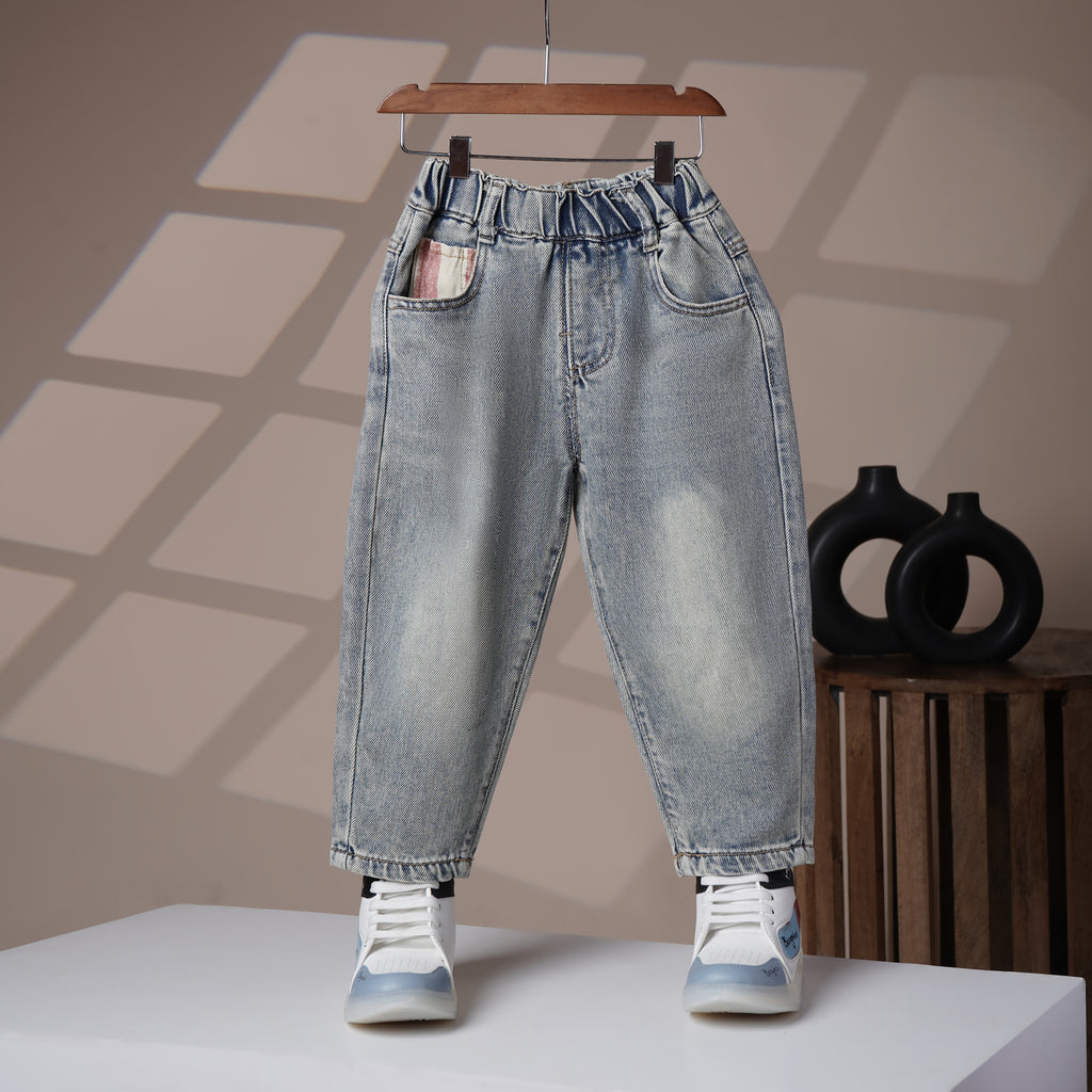 Mom N Genie Kids Light-Wash Denim Pants with Striped Flap Pocket — Elastic Waist