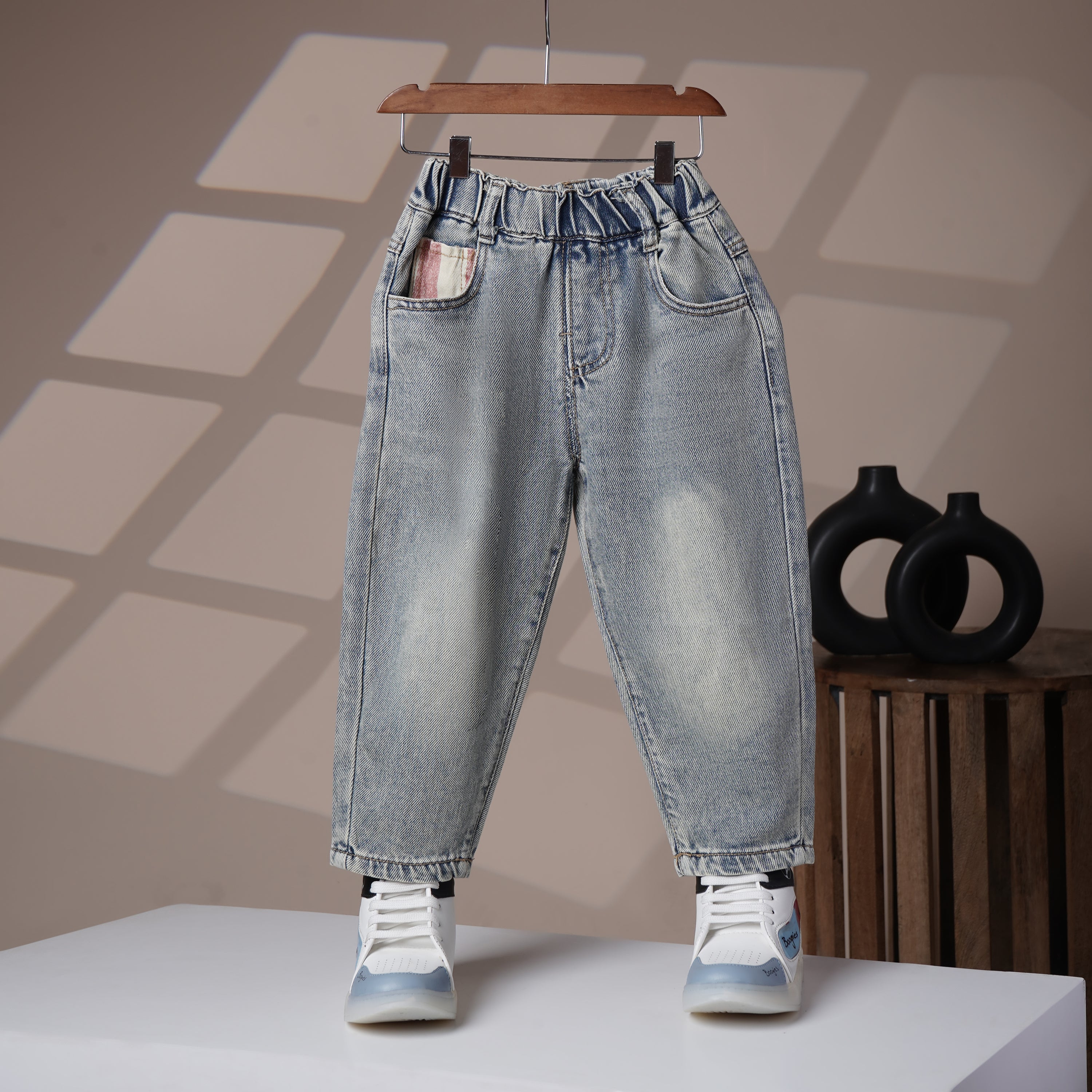Mom N Genie Kids Light-Wash Denim Pants with Striped Flap Pocket — Elastic Waist