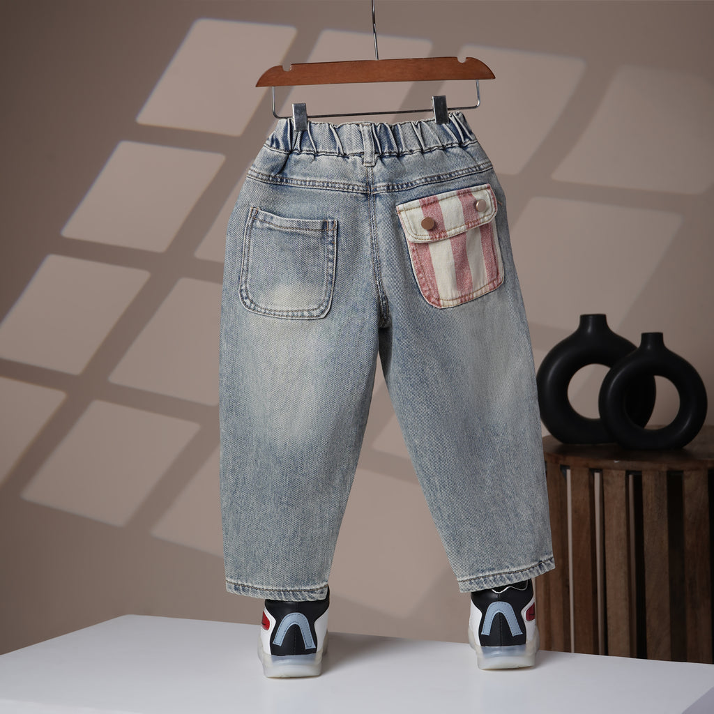 Mom N Genie Kids Light-Wash Denim Pants with Striped Flap Pocket — Elastic Waist