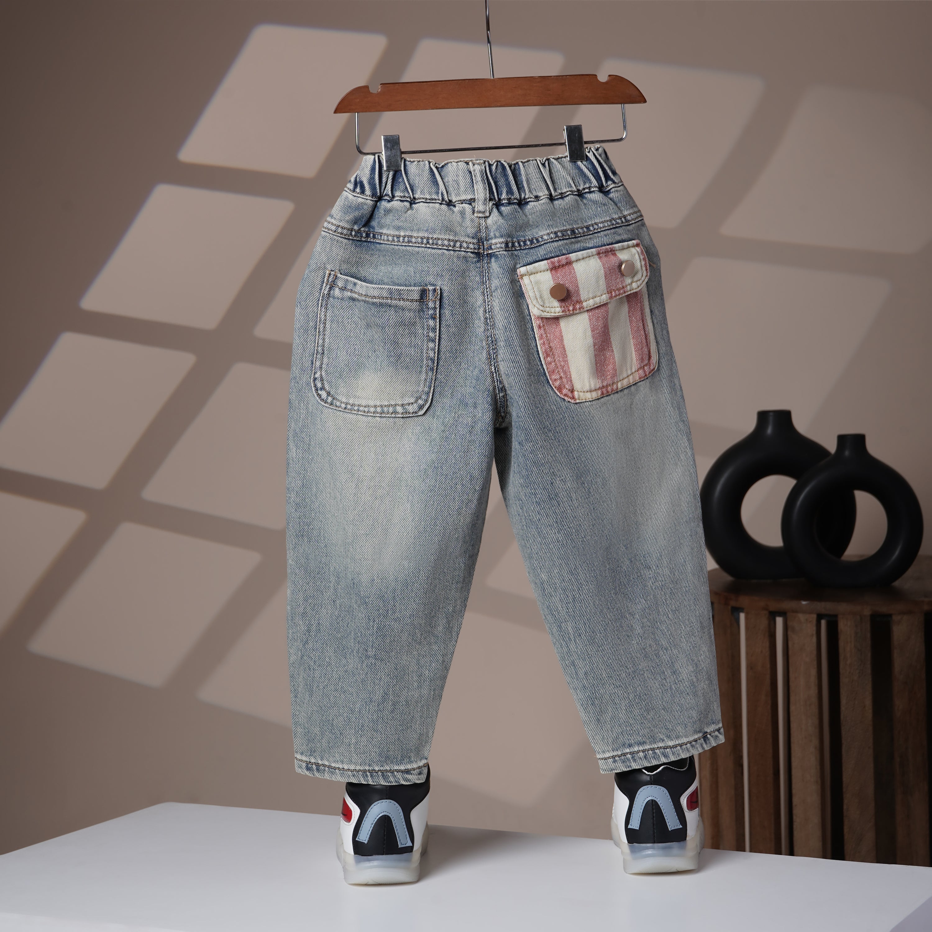 Mom N Genie Kids Light-Wash Denim Pants with Striped Flap Pocket — Elastic Waist