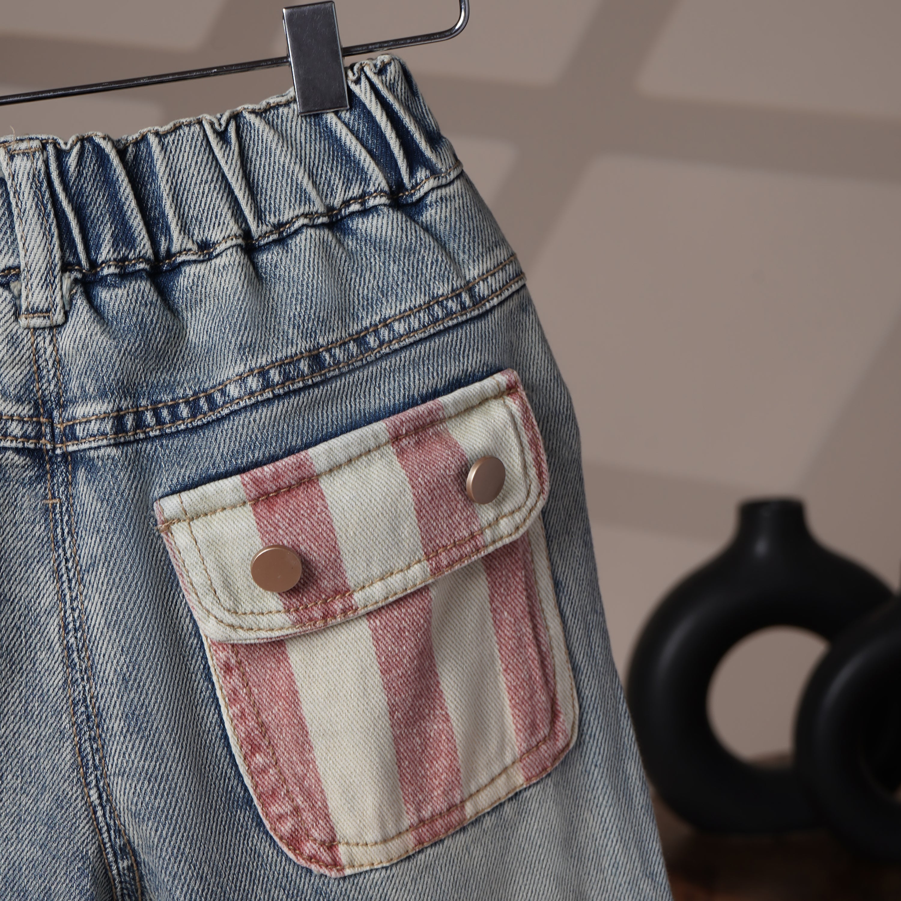 Mom N Genie Kids Light-Wash Denim Pants with Striped Flap Pocket — Elastic Waist