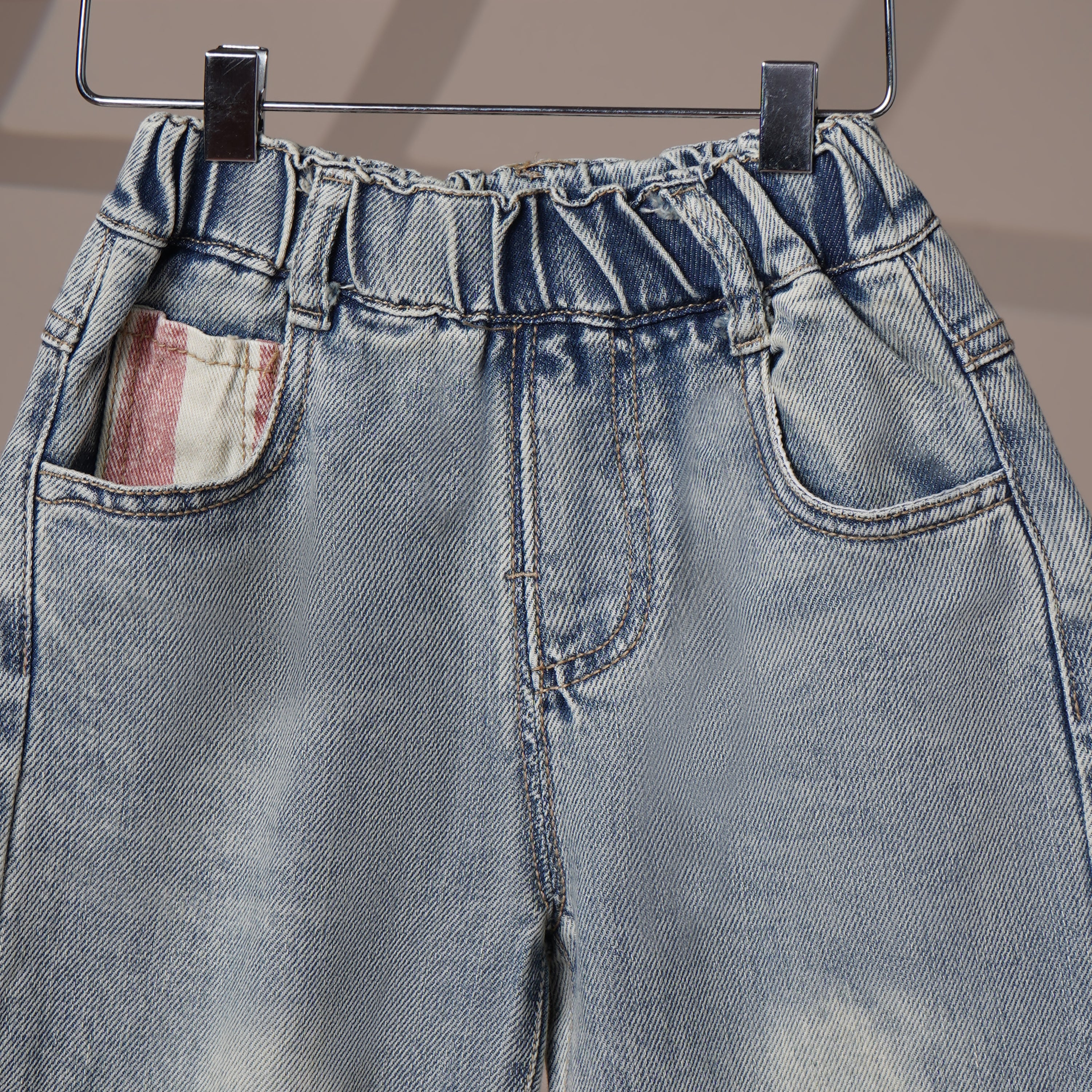 Mom N Genie Kids Light-Wash Denim Pants with Striped Flap Pocket — Elastic Waist