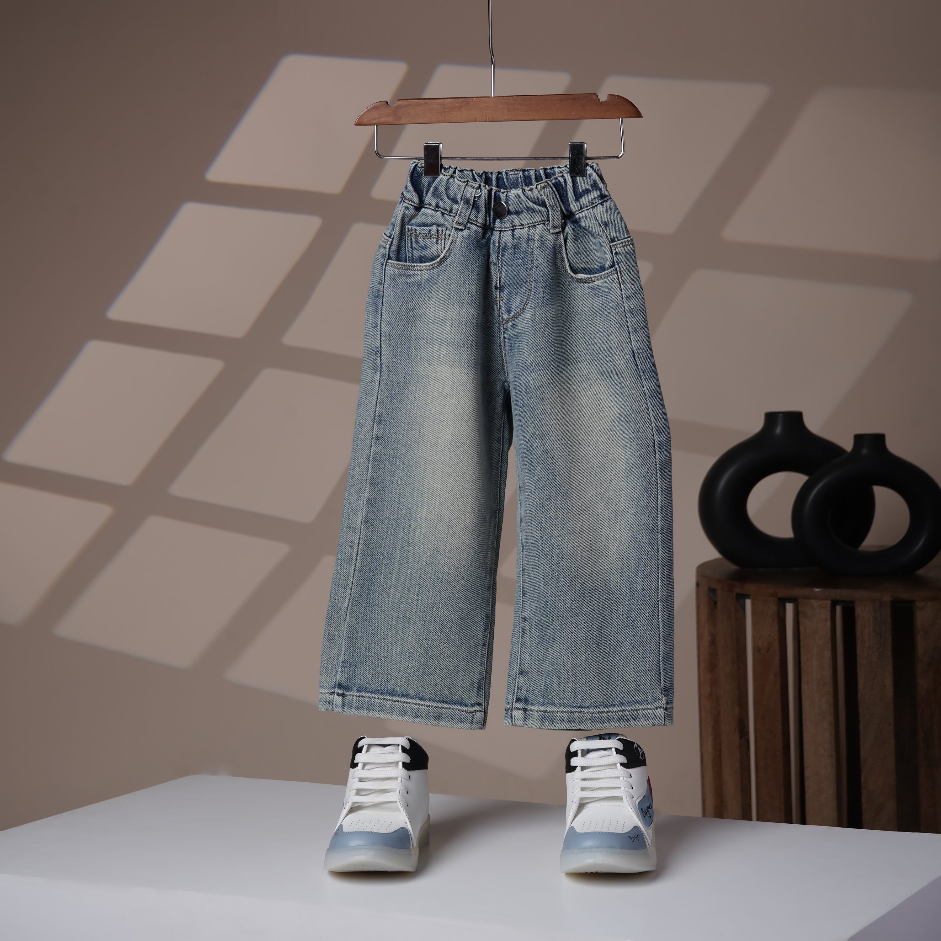 Mom N Genie Girl's Light-Wash Wide-Leg Denim Pants — Elastic Waist, Back Patch Detail
