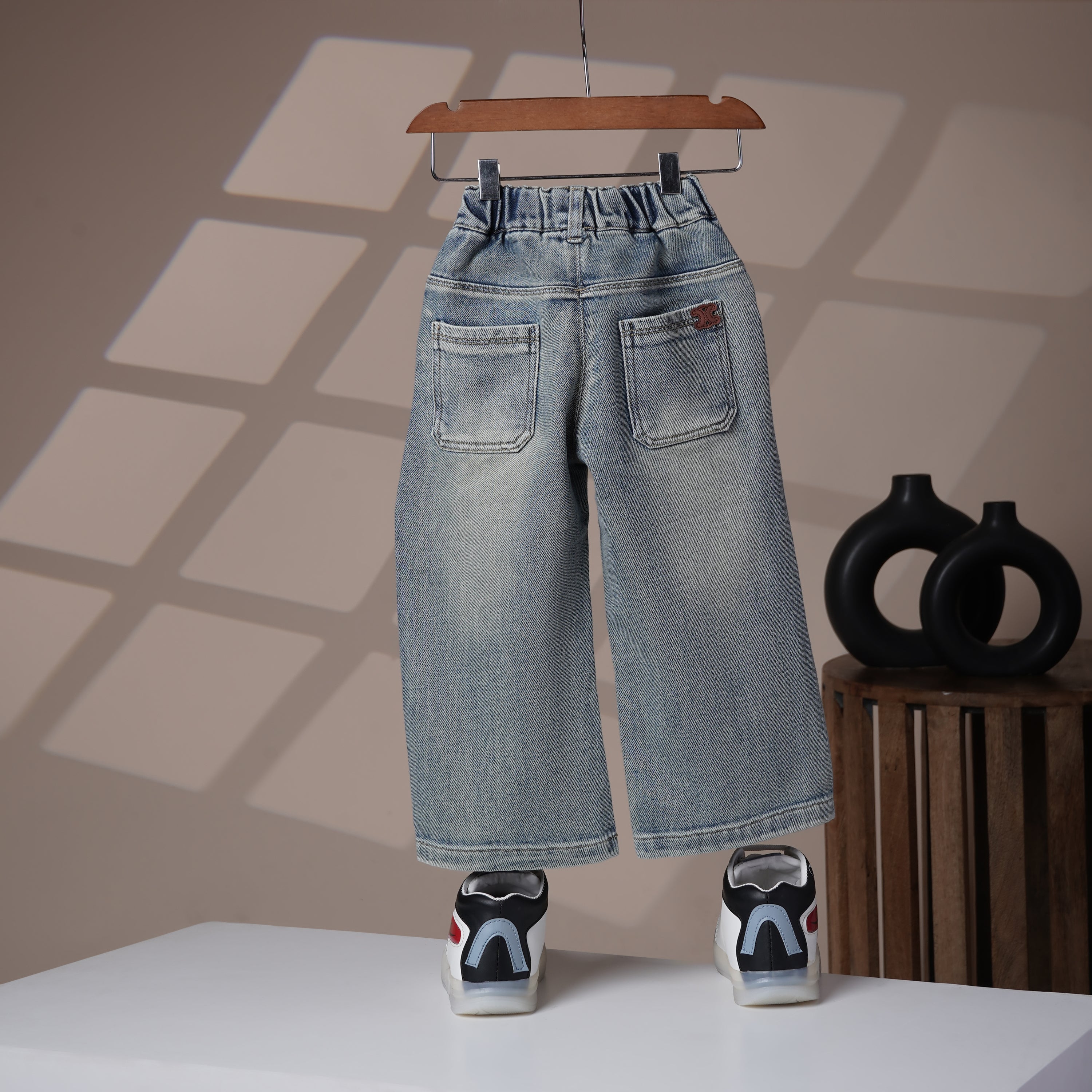 Mom N Genie Girl's Light-Wash Wide-Leg Denim Pants — Elastic Waist, Back Patch Detail