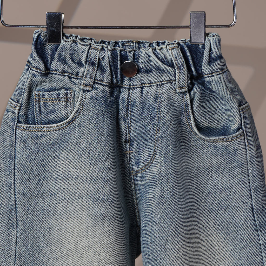 Mom N Genie Girl's Light-Wash Wide-Leg Denim Pants — Elastic Waist, Back Patch Detail