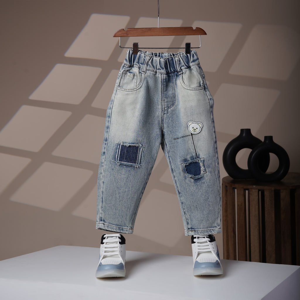 Mom N Genie Kids’ Light Wash Denim Jeans with Patchwork & Bear Embroidery