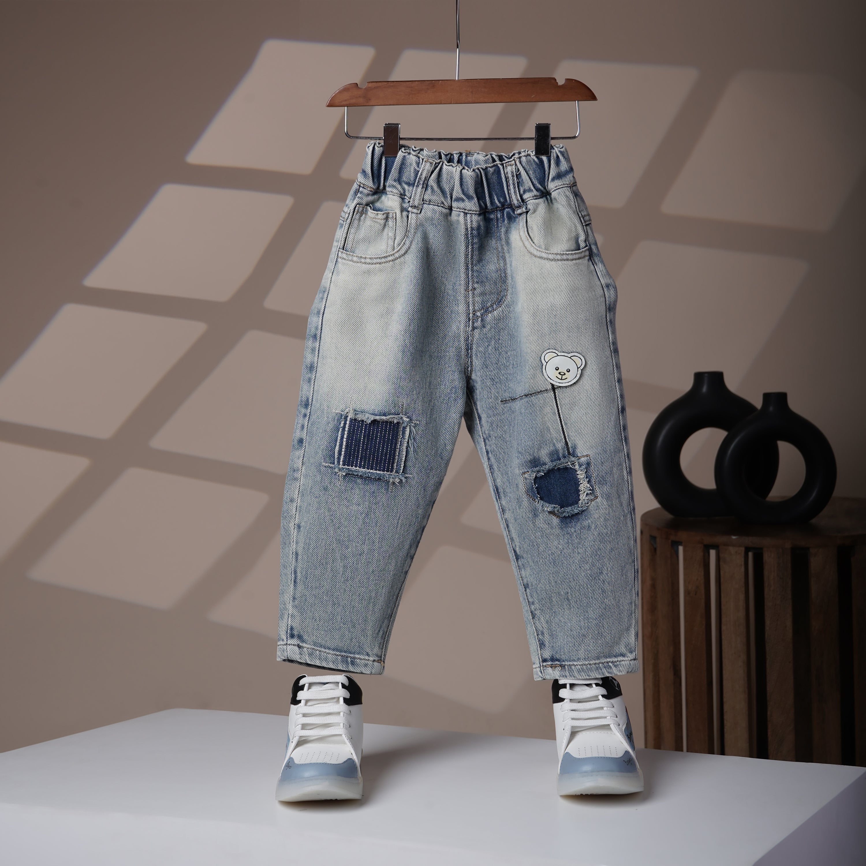Mom N Genie Kids’ Light Wash Denim Jeans with Patchwork & Bear Embroidery