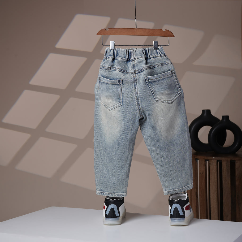 Mom N Genie Kids’ Light Wash Denim Jeans with Patchwork & Bear Embroidery