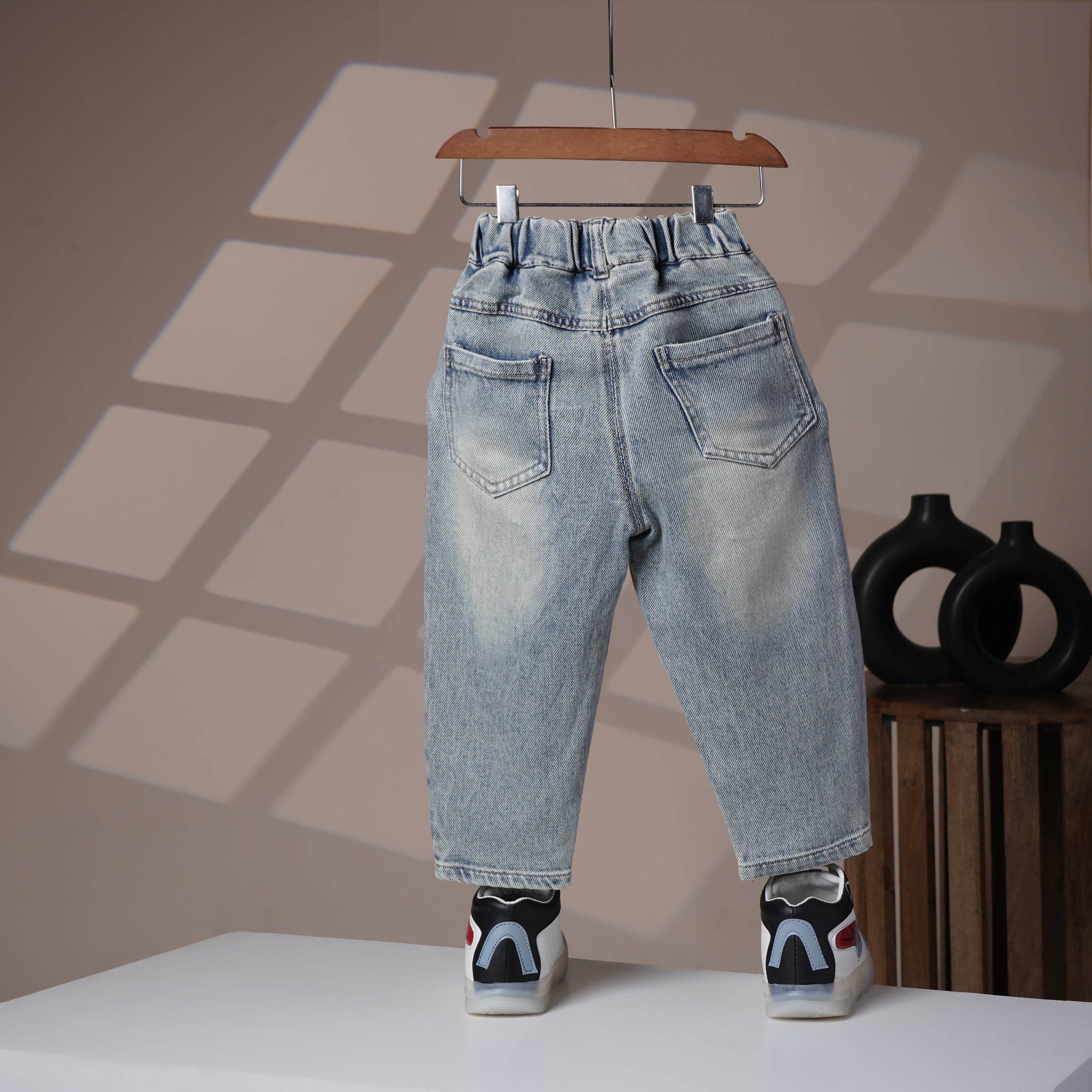Mom N Genie Kids’ Light Wash Denim Jeans with Patchwork & Bear Embroidery
