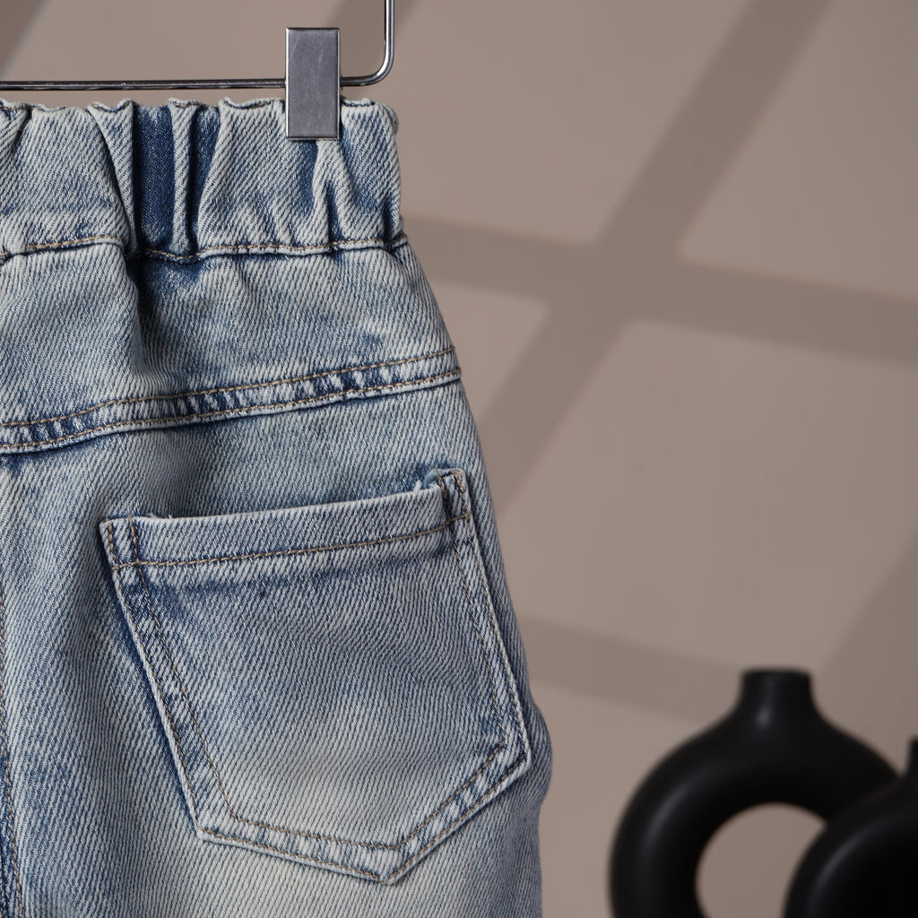 Mom N Genie Kids’ Light Wash Denim Jeans with Patchwork & Bear Embroidery