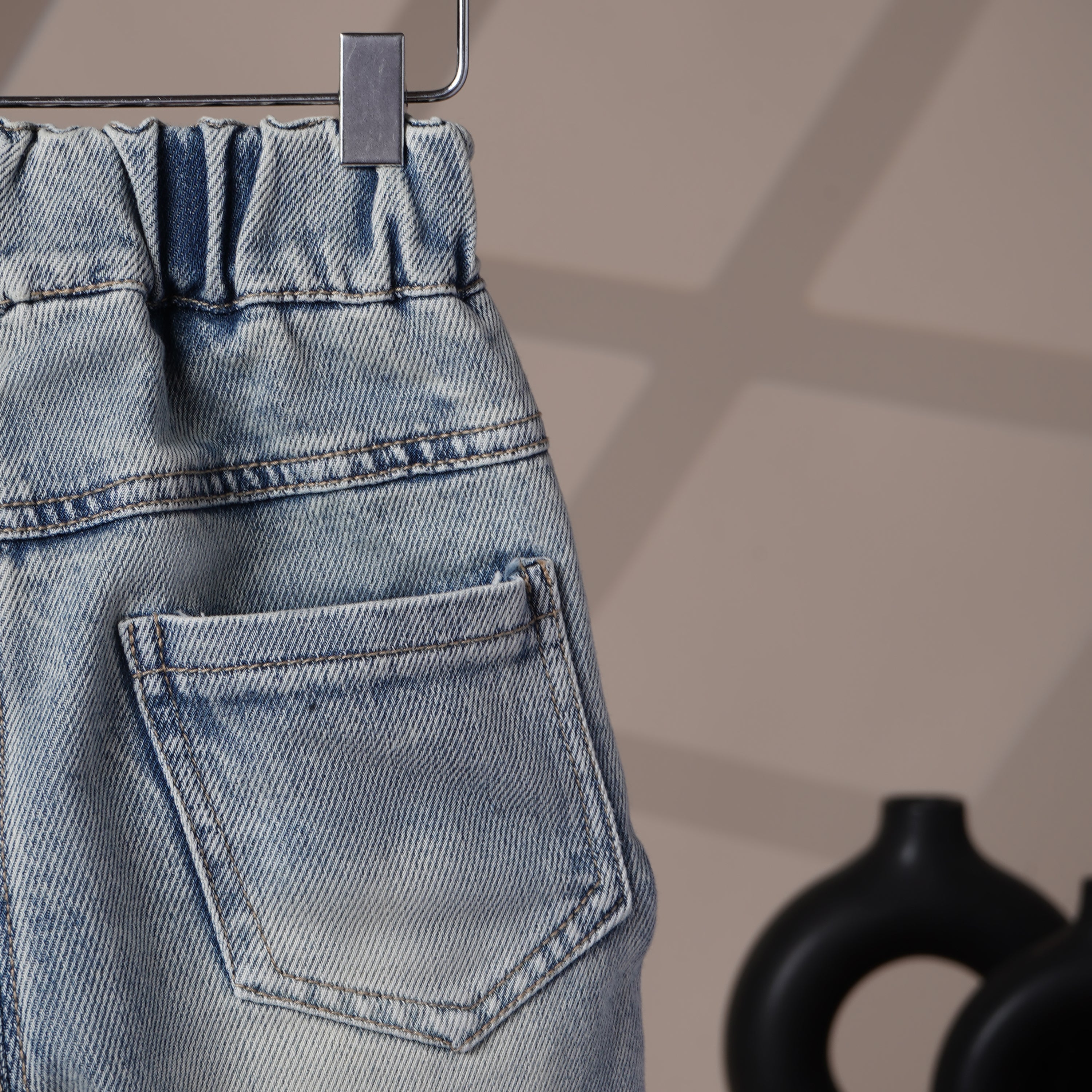 Mom N Genie Kids’ Light Wash Denim Jeans with Patchwork & Bear Embroidery