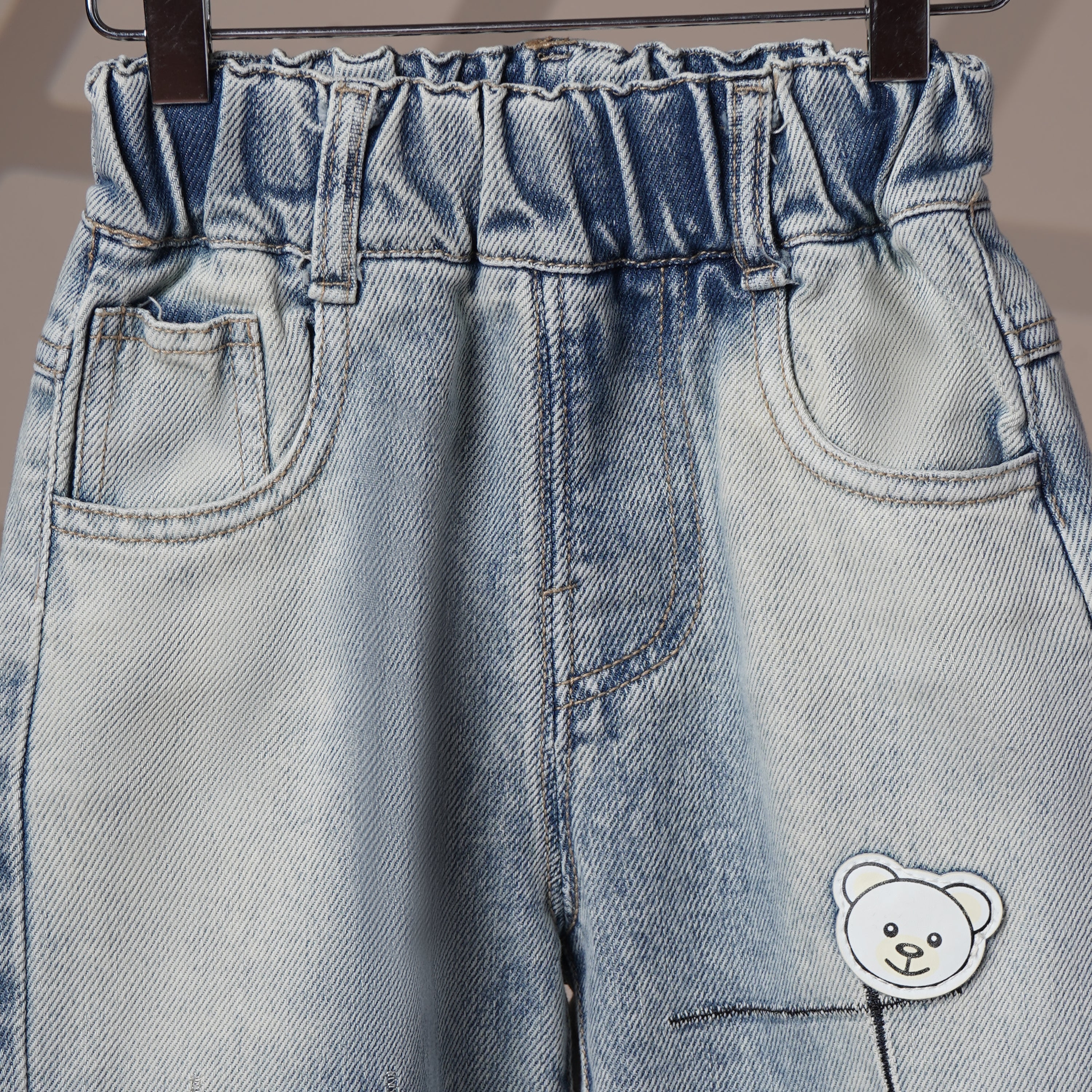 Mom N Genie Kids’ Light Wash Denim Jeans with Patchwork & Bear Embroidery