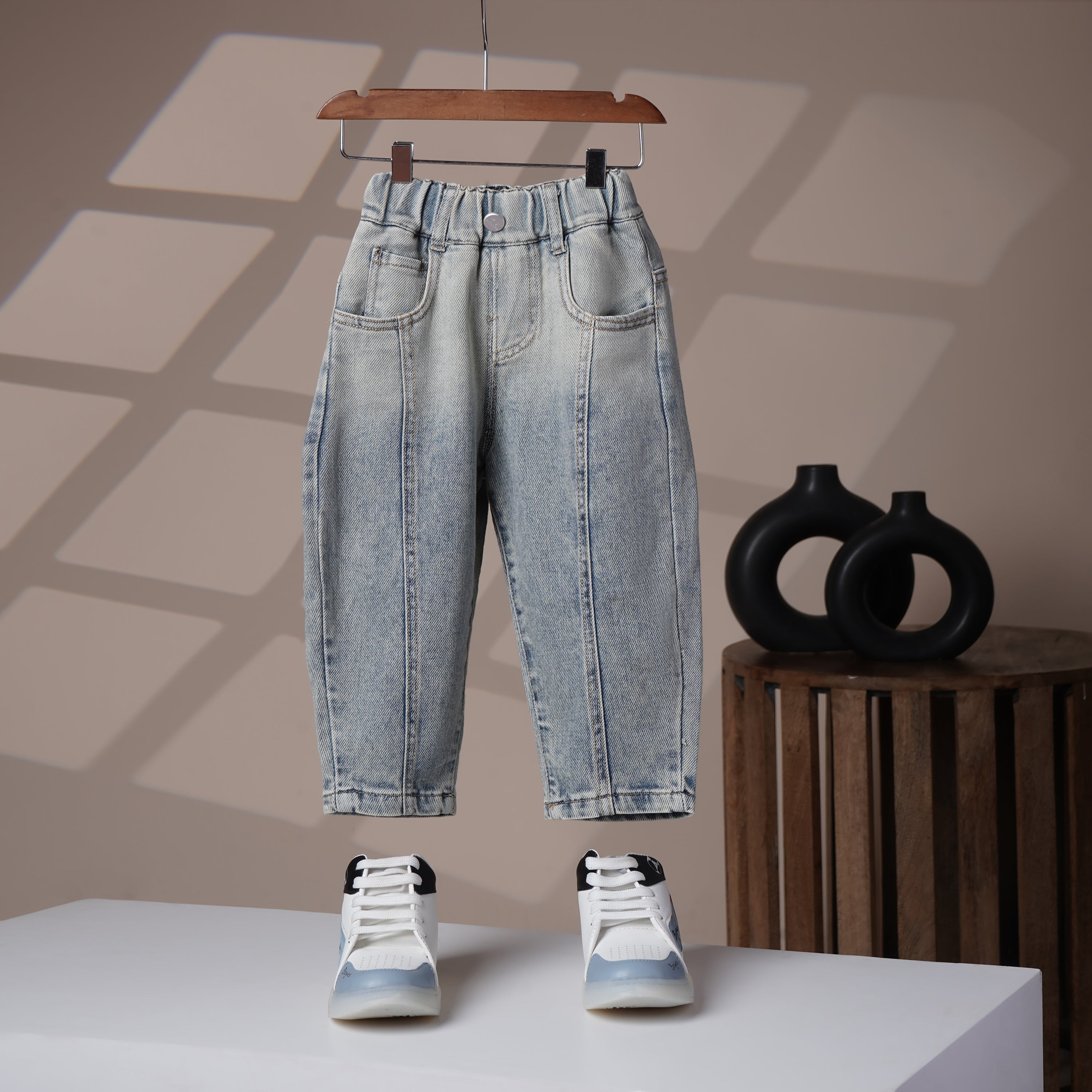 Mom N Genie Kids Light-Wash Panel Seam Jeans — Elastic Waist, Tapered Leg